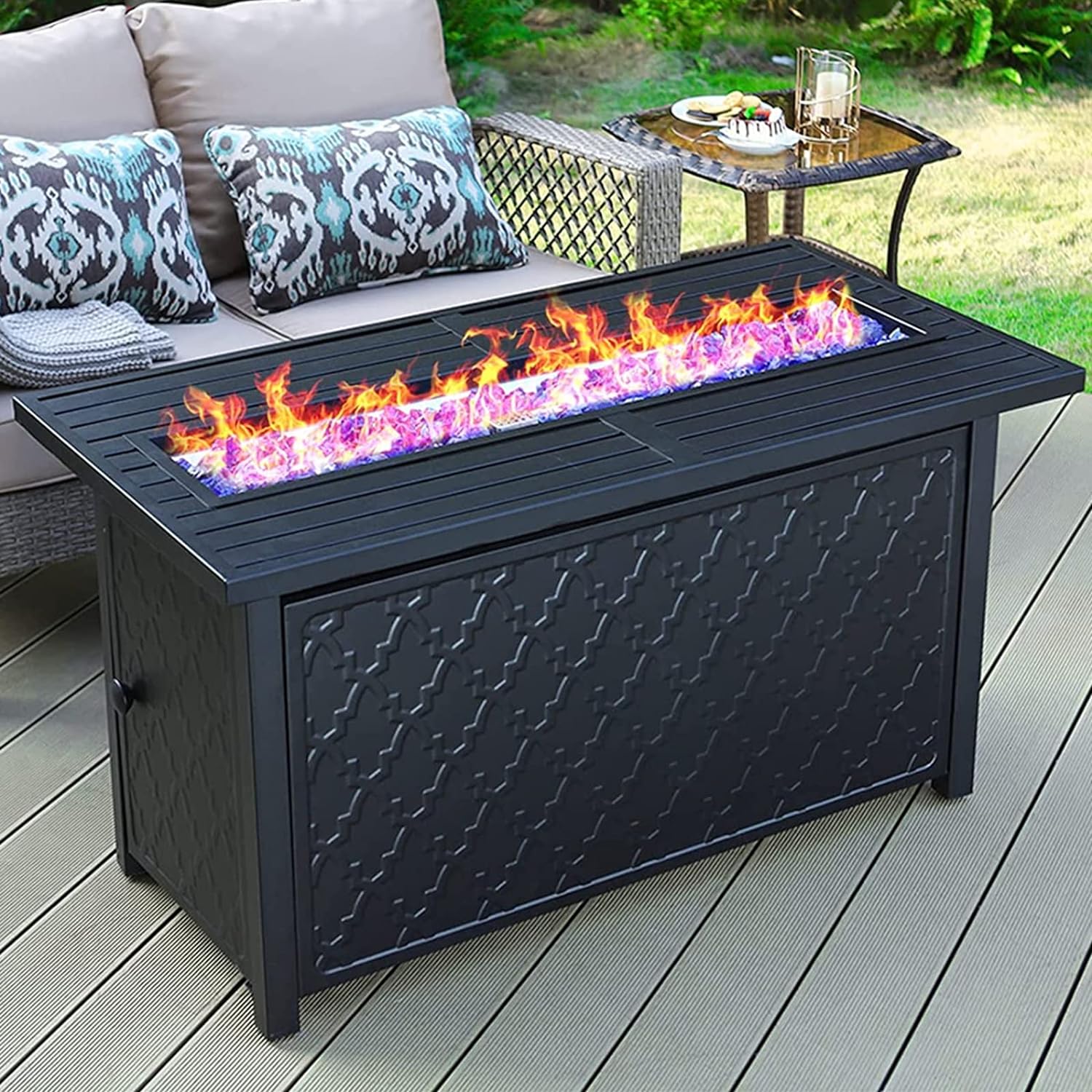 MFSTUDIO 45 Outdoor Rectangular Gas Fire Pit Table50000 BTU Propane Iron Plate Embossing Fire Table with Lid and Blue Glass for Patio,Backyard and Balcony,Black