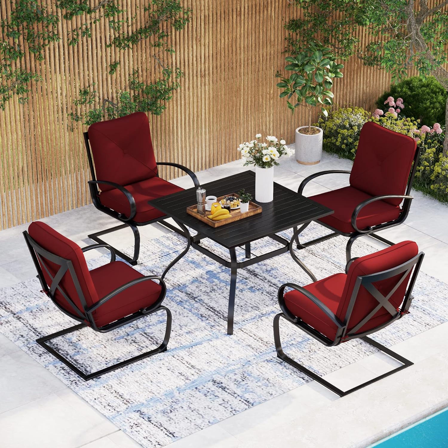 MFSTUDIO Patio Dining Set for 4 Outdoor Furniture Square Bistro Table with 1.57 Umbrella Hole 4 Spring Motion Chairs with Cushion Burgundy for Backyard Garden Lawn