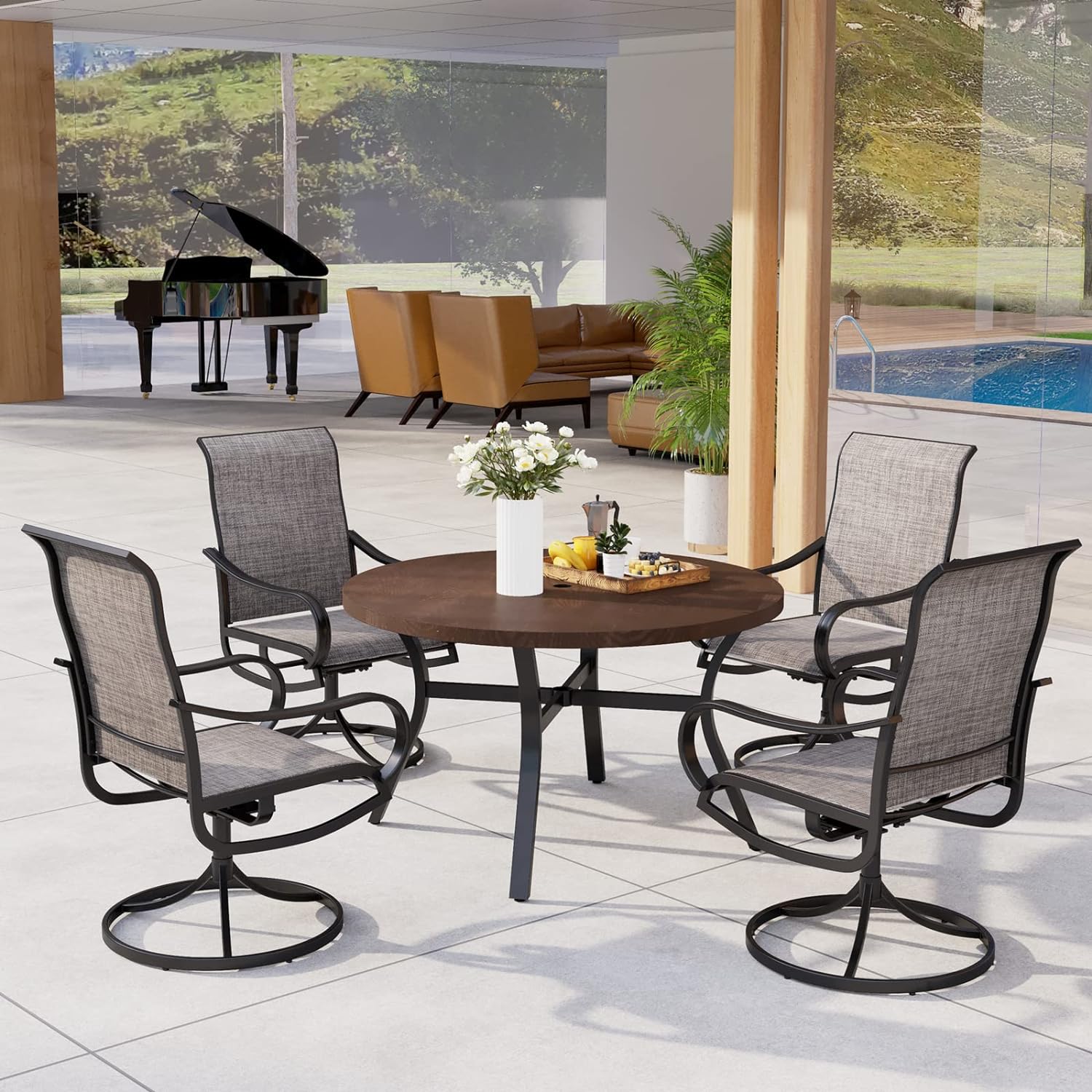 MFSTUDIO 5 Pieces Outdoor Dining Set,4 Sling Dining Swivel Chairs and 48 Round Metal Wood Grain Table with 2 Umbrella Hole Furniture Sets for Lawn Backyard Garden