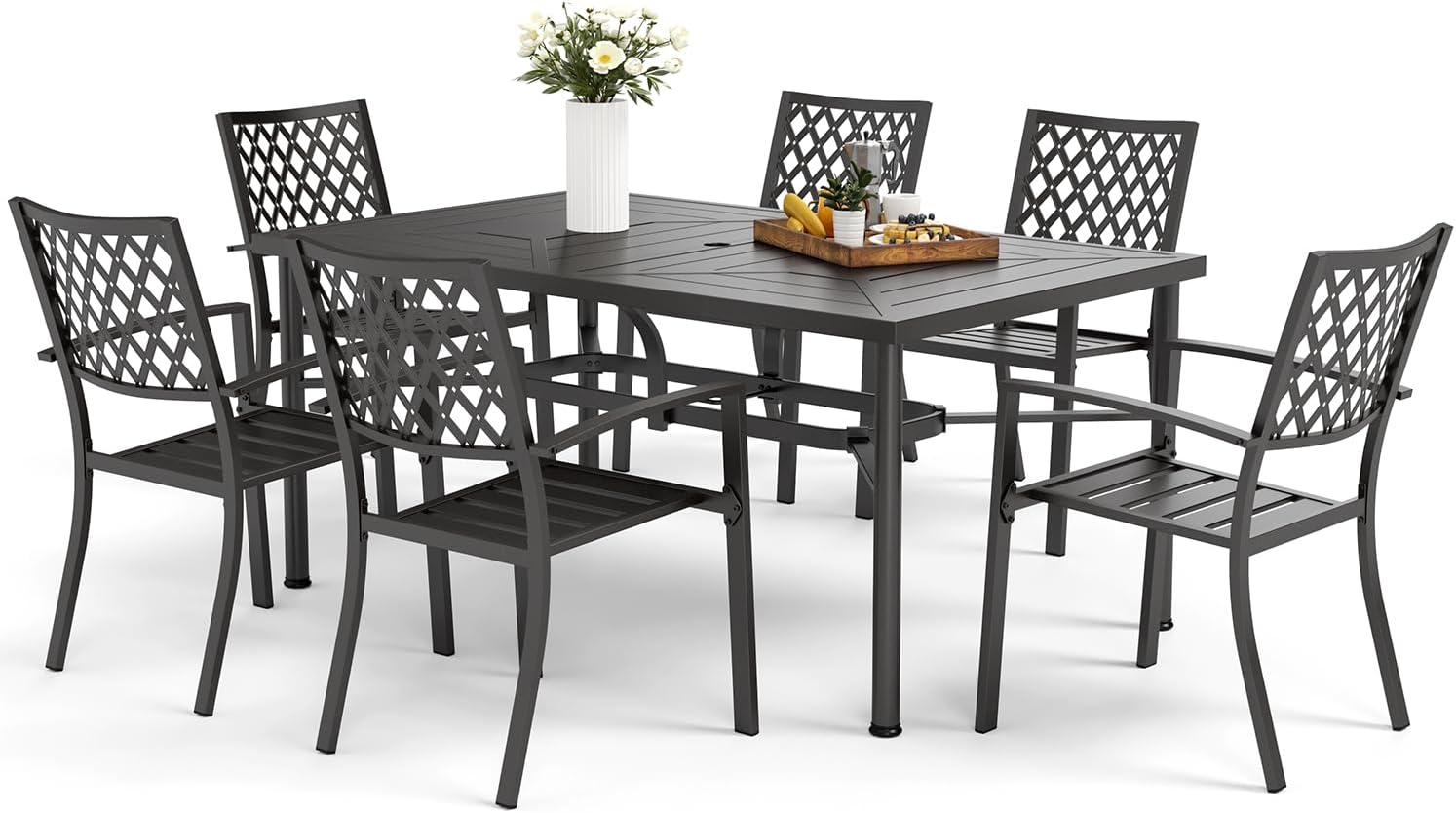 MFSTUDIO 7 Piece Metal Patio Dining Sets,Outdoor Black Furniture Sets with 6 Stackable Steel Mesh Chairs and 1x 64 Larger Rectangle Dining Table with 1.7 Umbrella Hole