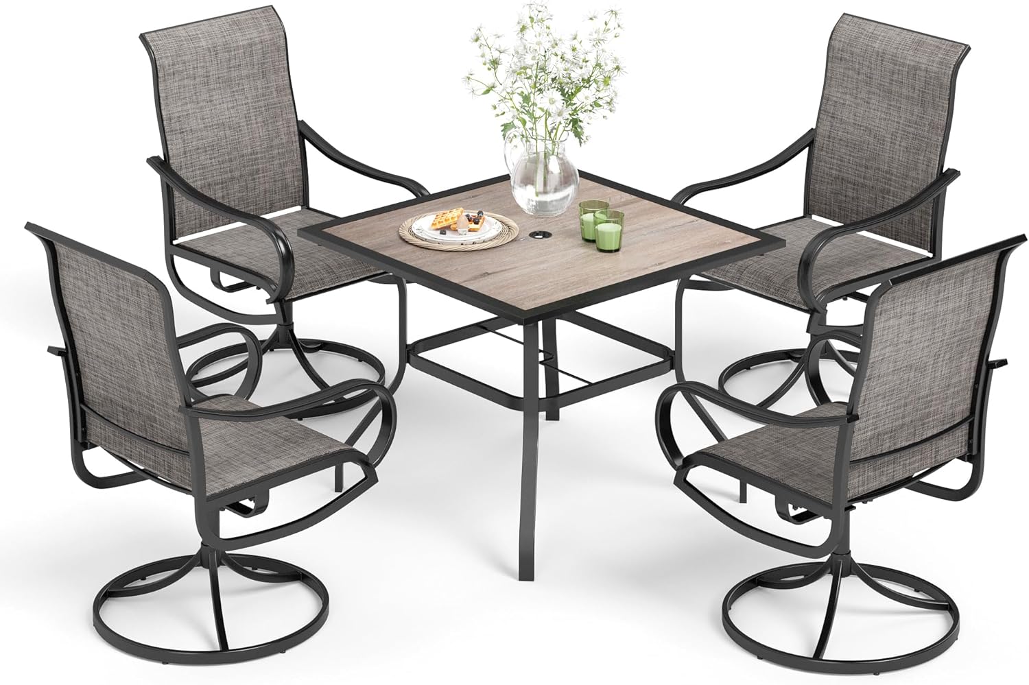 MFSTUDIO 5 Pieces Outdoor Patio Dining Set, 4 Sling Dining Swivel Chairs and 37 Square Metal Table with Wood-Like Top Furniture Sets for Lawn Backyard Garden