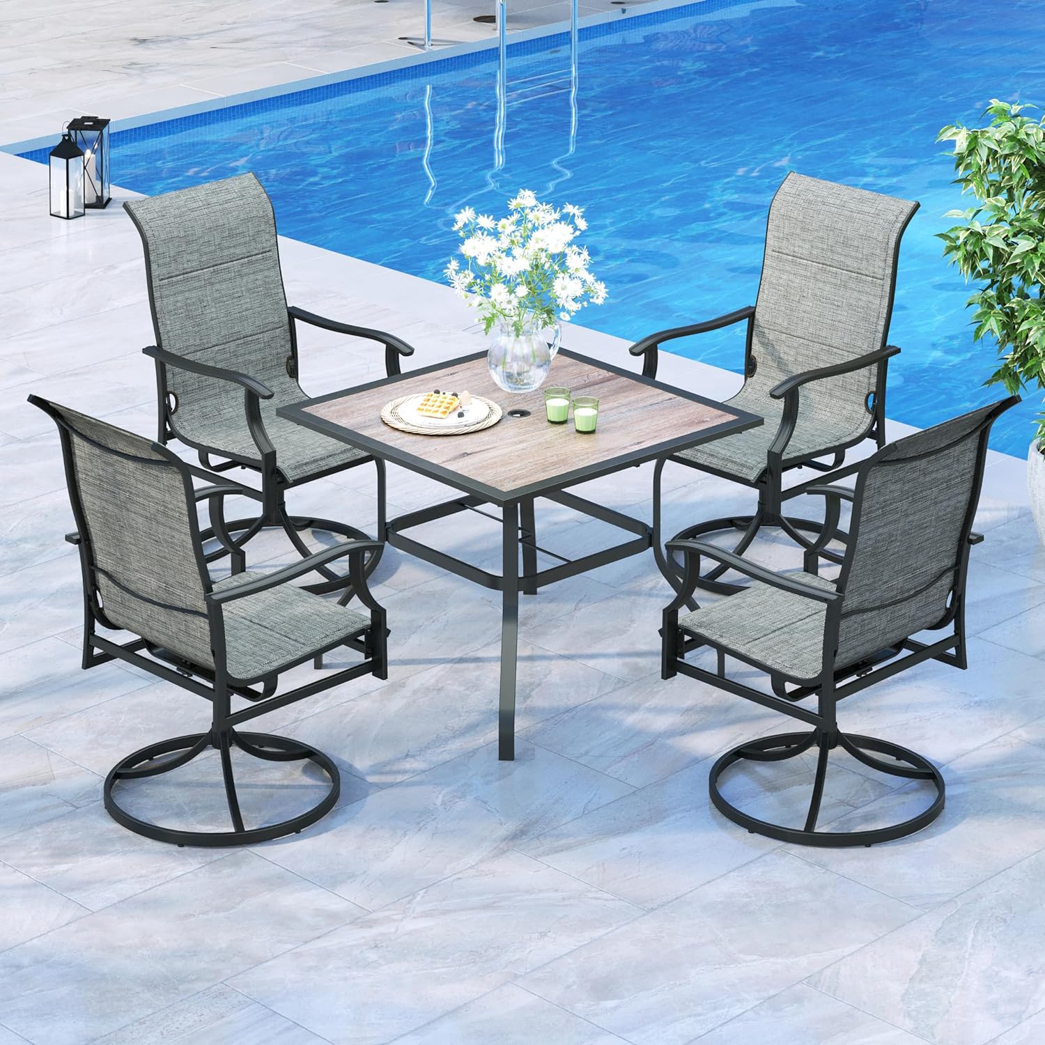 MFSTUDIO 5 Pieces Patio Dining Set, Outdoor Furniture Set with 37 Square Wood-Like Table and 4 Padded Textilene Fabric Swivel High Back Chairs for Garden, Poolside,Backyard, Porch