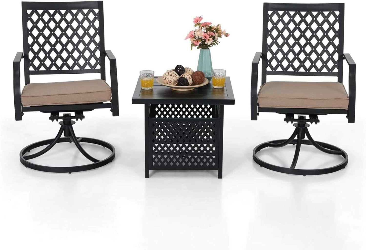 MFSTUDIO Swivel Chair Patio Bistro Set of 3, 3 Pieces Outdoor Dining Furniture with 2 Wrought Iron Cushion Swivel Chairs and 1 x Square Table with Umbrella Hole for Yard,Black