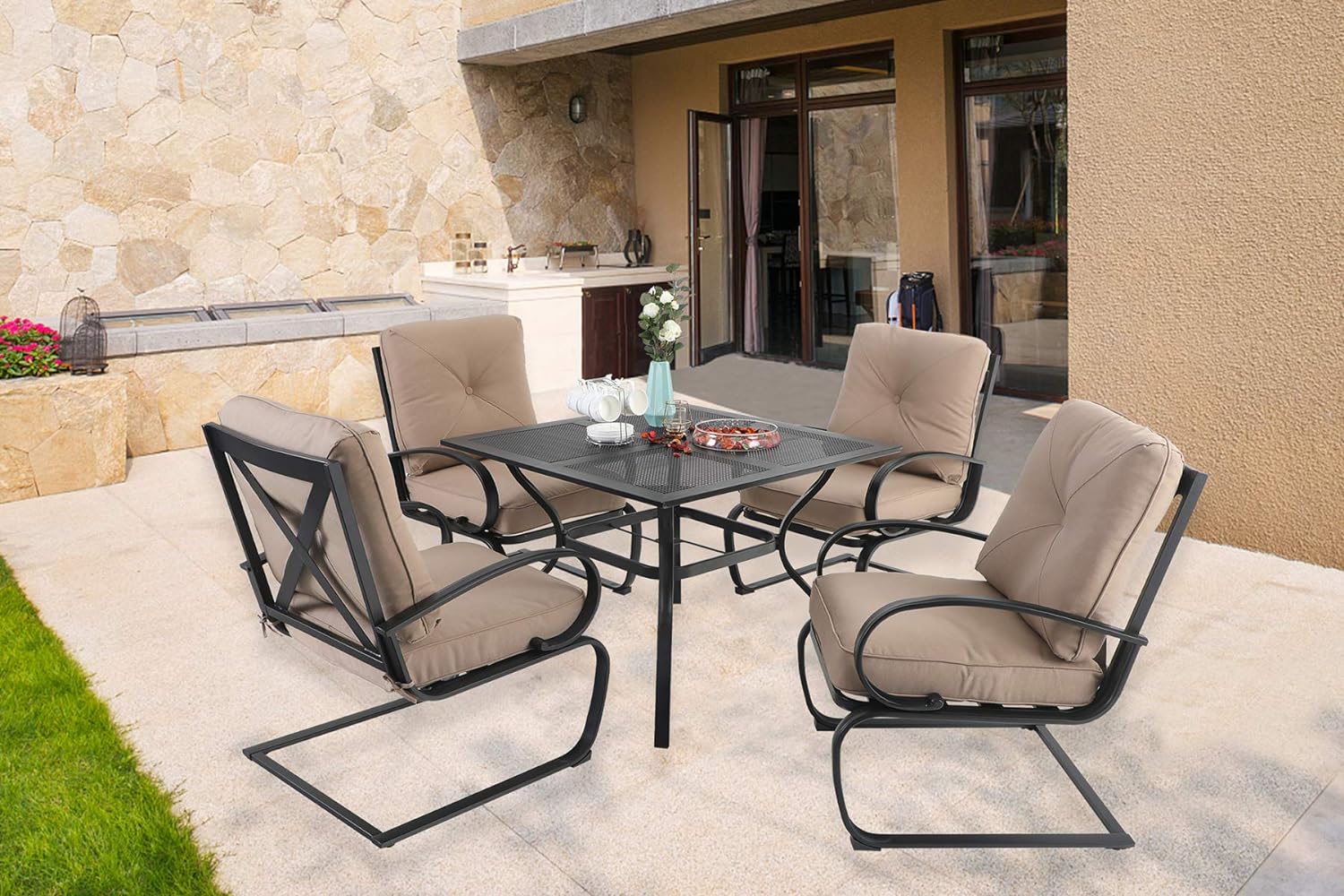 MFSTUDIO Patio Dining Set for 4 Outdoor Furniture Square Bistro Table with 1.57 Umbrella Hole 4 Spring Motion Chairs with Cushion Beige for Backyard Garden Lawn