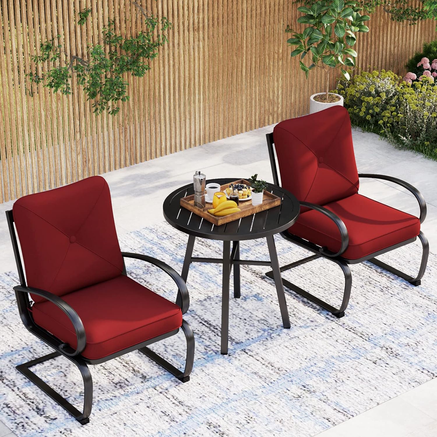 MFSTUDIO Patio Bistro Set 3 Piece Outdoor Dining Furniture Coversation Sets 2 Spring Motion Seating Chairs with Padded Cushion 1 Metal Round Side Coffee Table 28 Burgundy for Backyard Garden Lawn