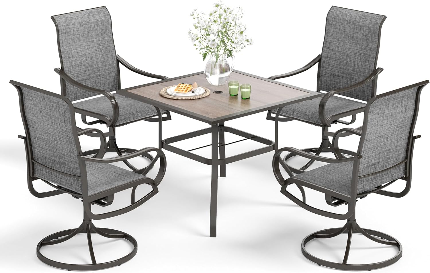 MFSTUDIO 5 Piece Patio Dining Set, 37 Square Outdoor Wood-Like Table and 4 Sling Swivel Chairs for Garden,Backyard,Poolside