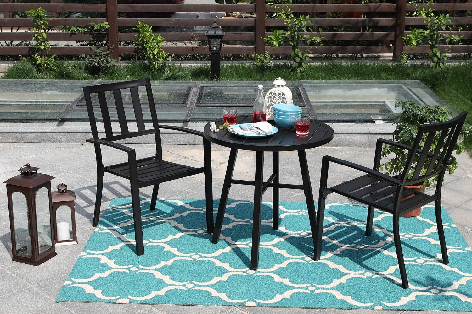 PHI VILLA Metal 3 Piece Bistro Furniture Set Outdoor Patio Set fits Garden Backyard Coffee Table 2 x Chair,1 x Table