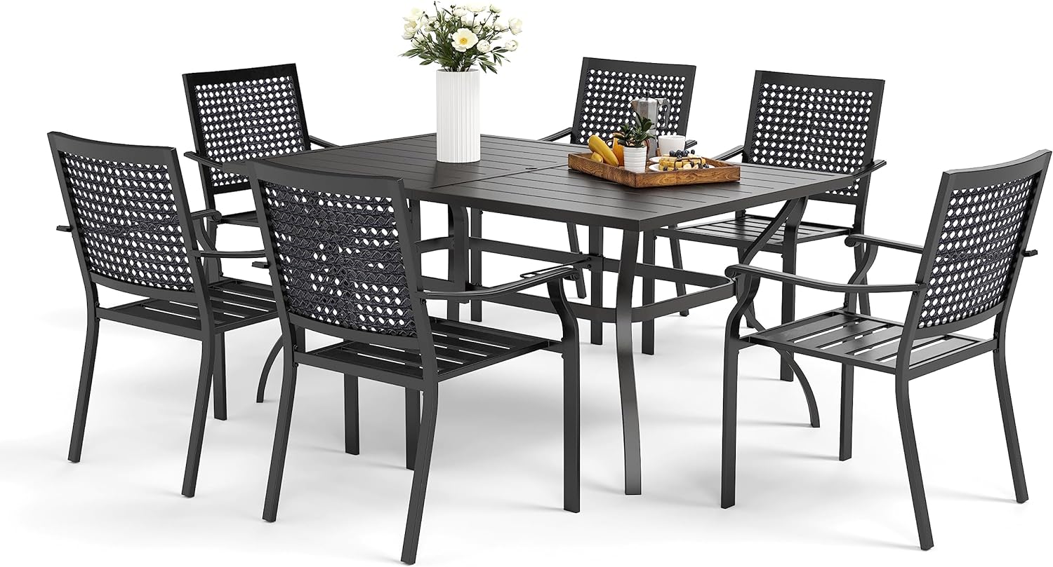 MFSTUDIO 7 Pieces Metal Patio Outdoor Dining Set, Steel Frame Slat Larger Rectangular Table with 1.57 Umbrella Hole and 6 Stackable Outdoor Metal Mesh Chairs