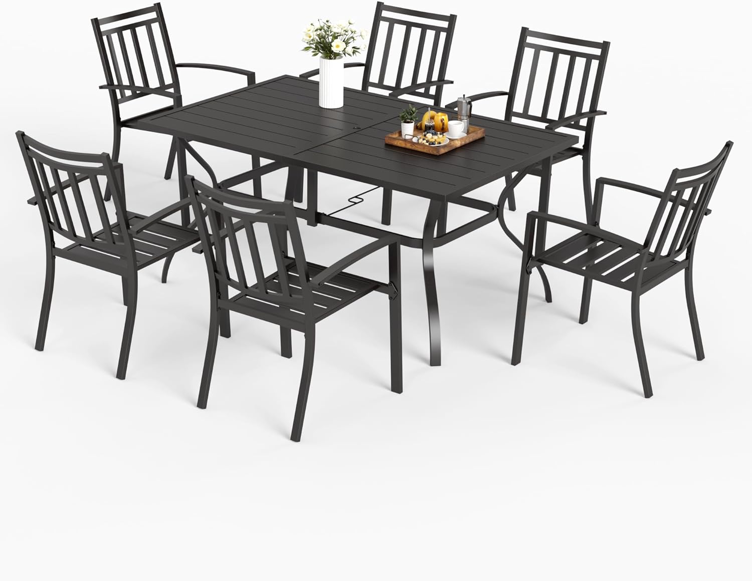 MFSTUDIO 7-Piece Metal Outdoor Patio Dining Furniture Set with 6 Stackable Chairs and Steel Frame Slat Larger Rectangular Table with 1.57 Umbrella Hole for Poolside, Porch, Backyard