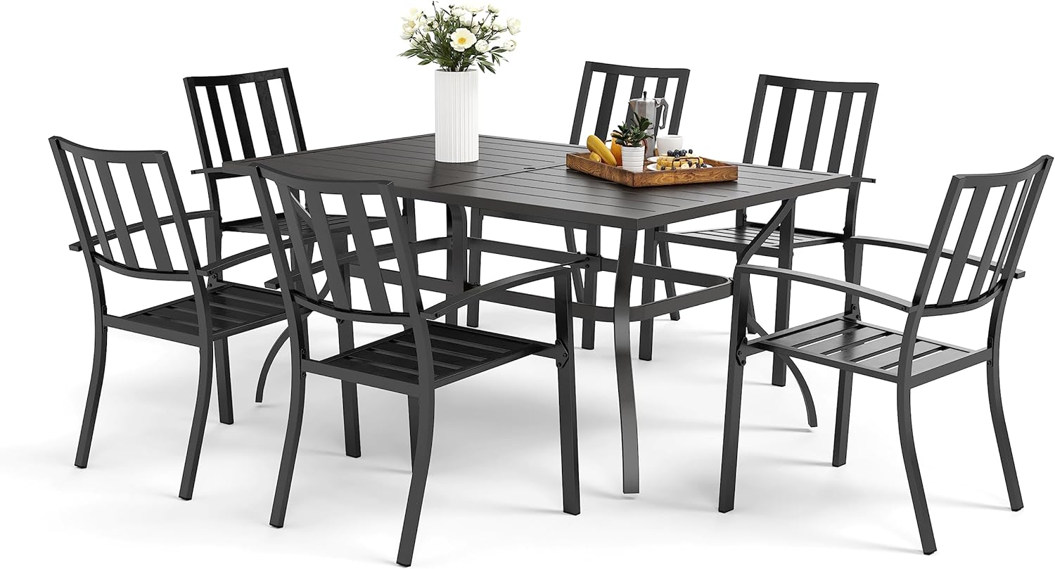 MFSTUDIO 7-Piece Metal Patio Dining Sets with 6 Steel Striped Armrest Chairs and 60 Rectangular Outdoor Dining Table, Black