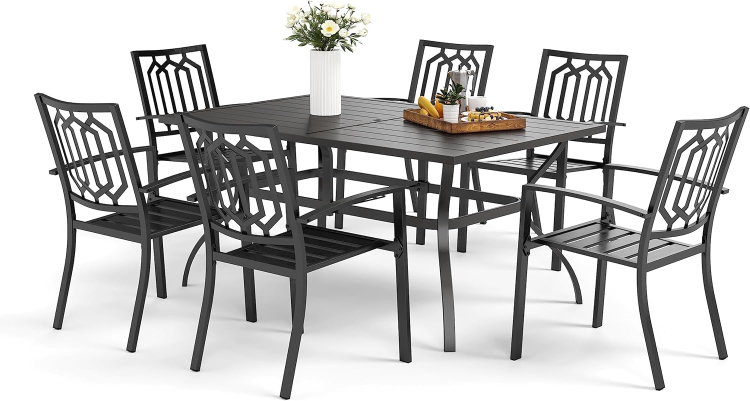 MFSTUDIO 7 Piece Outdoor Dining Table Sets, 6 Stackable Metal Chairs and 1 Large Rectangle Table, Steel Slat Frame, Black