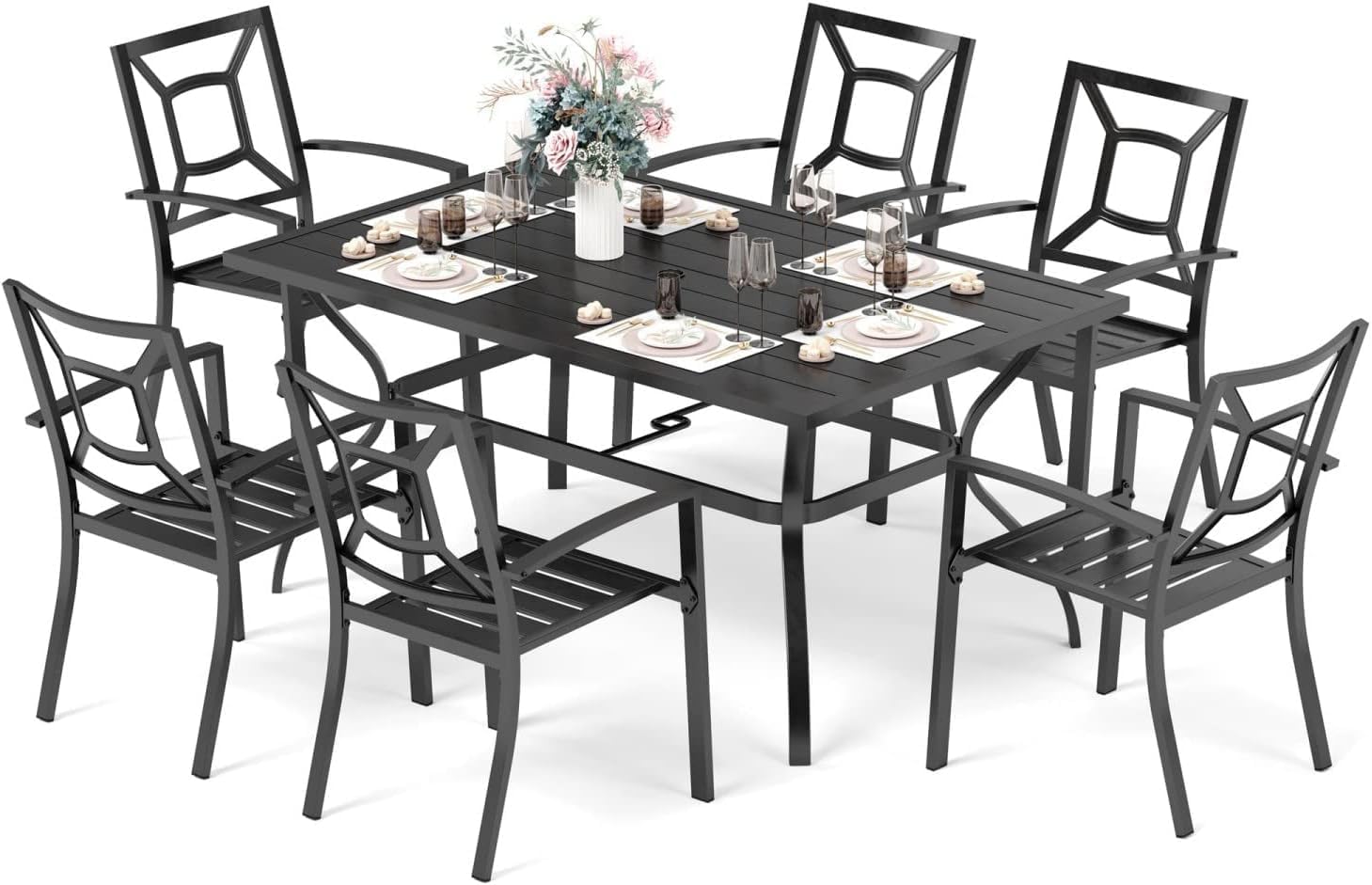 MFSTUDIO 7 Piece Metal Patio Dining Sets Outdoor Club Bistro Bar Sets with 1.57 Umbrella Hole, 6 Stackable Metal Chairs and 1 Larger Rectangle Patio Table, Steel Slat Frame, Black