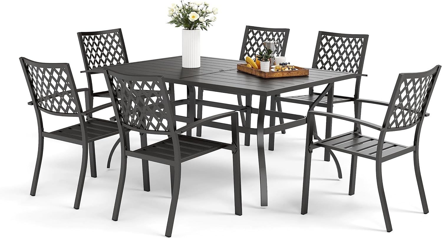 MFSTUDIO 7 Piece Metal Patio Dining Sets, Outdoor Furniture Dining Sets with 6 Stackable Metal Mesh Chairs and 1 Larger Rectangle Dining Table-1.57 Umbrella Hole(Black)