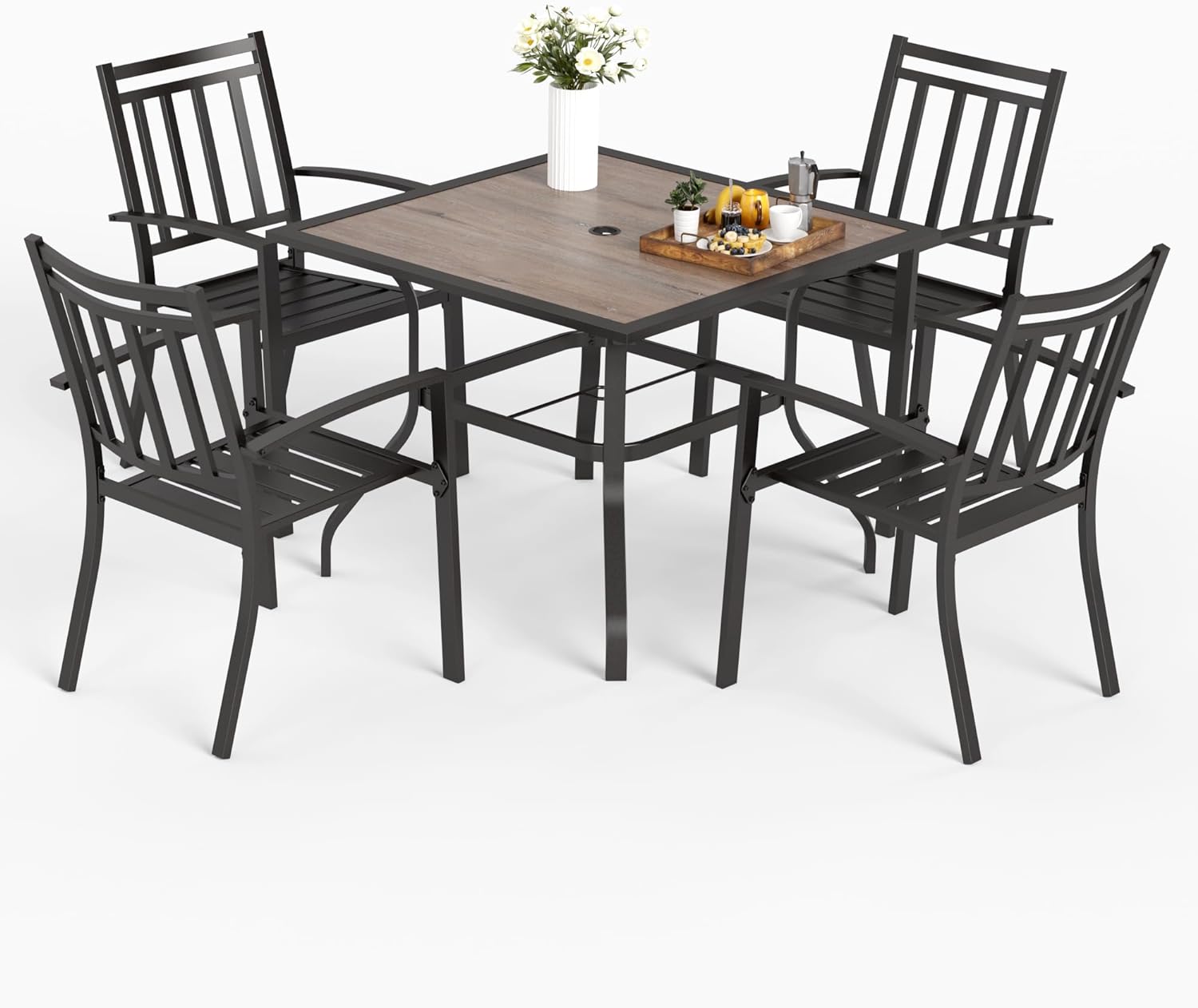 MFSTUDIO 5PCS Patio Dining Table Set 4 Stackable Metal Slat Armrest Chairs and 1 Square Table Outdoor Furniture Sets for Backyard Lawn Garden