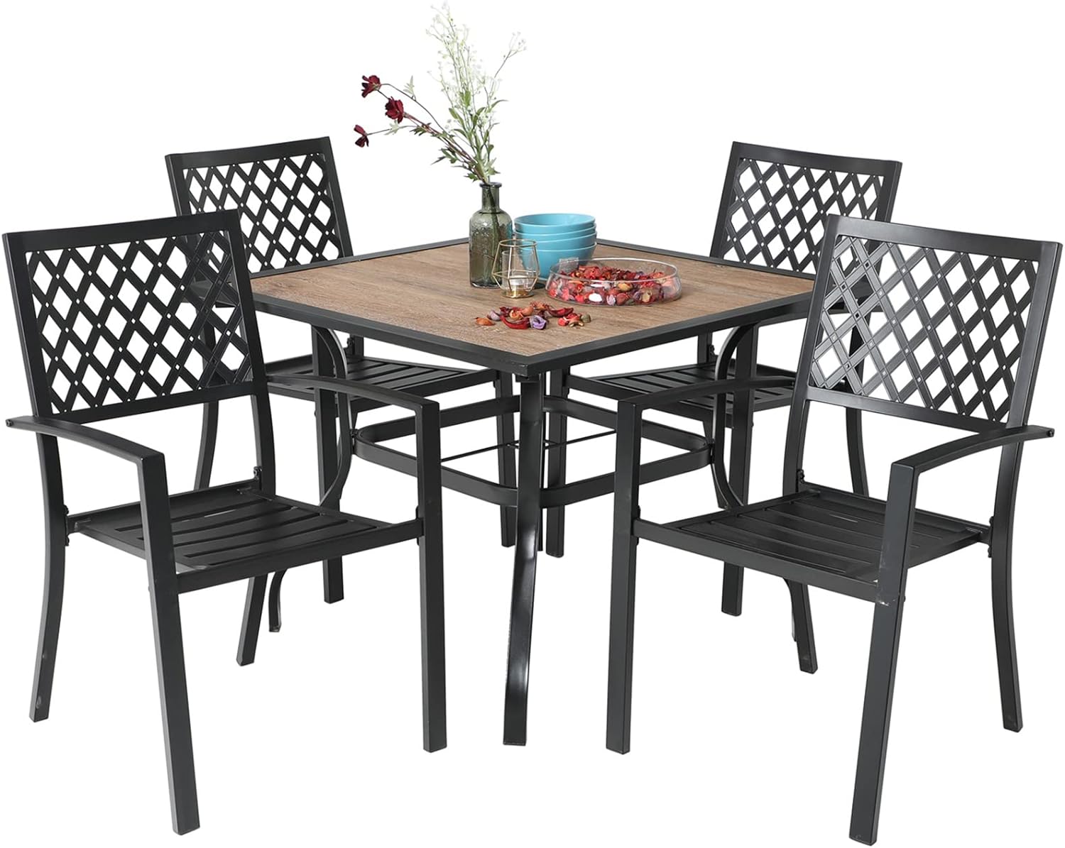 MFSTUDIO 5 Piece Patio Dining Table Set, 4 Metal Stackable Chairs and 37 Square Outdoor Dining Table with Umbrella Hole