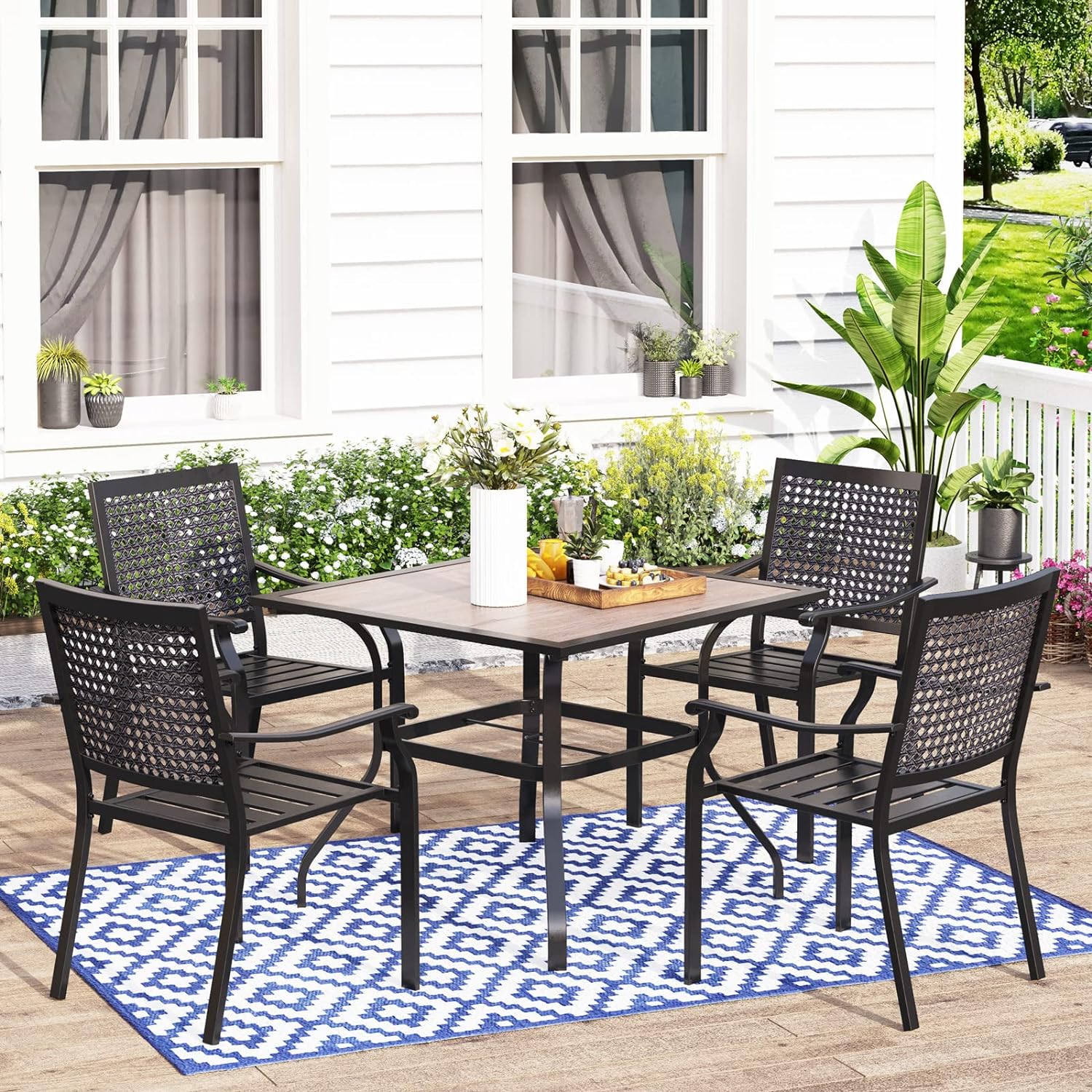 MFSTUDIO 5 Pieces Metal Patio Dining Set, 37 Square Wood-Like Table with 1.57 Umbrella Hole and 4 Stackable Outdoor Metal Mesh Chairs