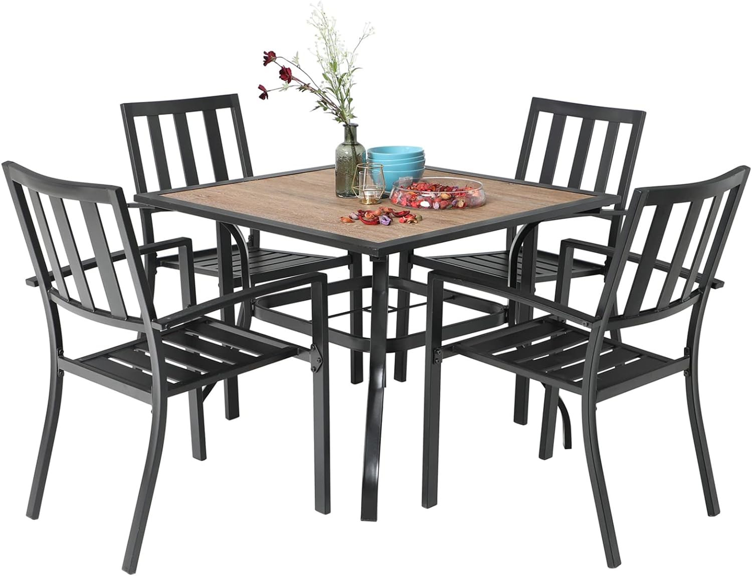 MFSTUDIO 5 Piece Patio Dining Set Metal Patio Armrest Dining Stackable Chairs and Larger Square Table Set, 37 Square Bistro Table and 4 Backyard Garden Chairs - Umbrella Hole 1.57