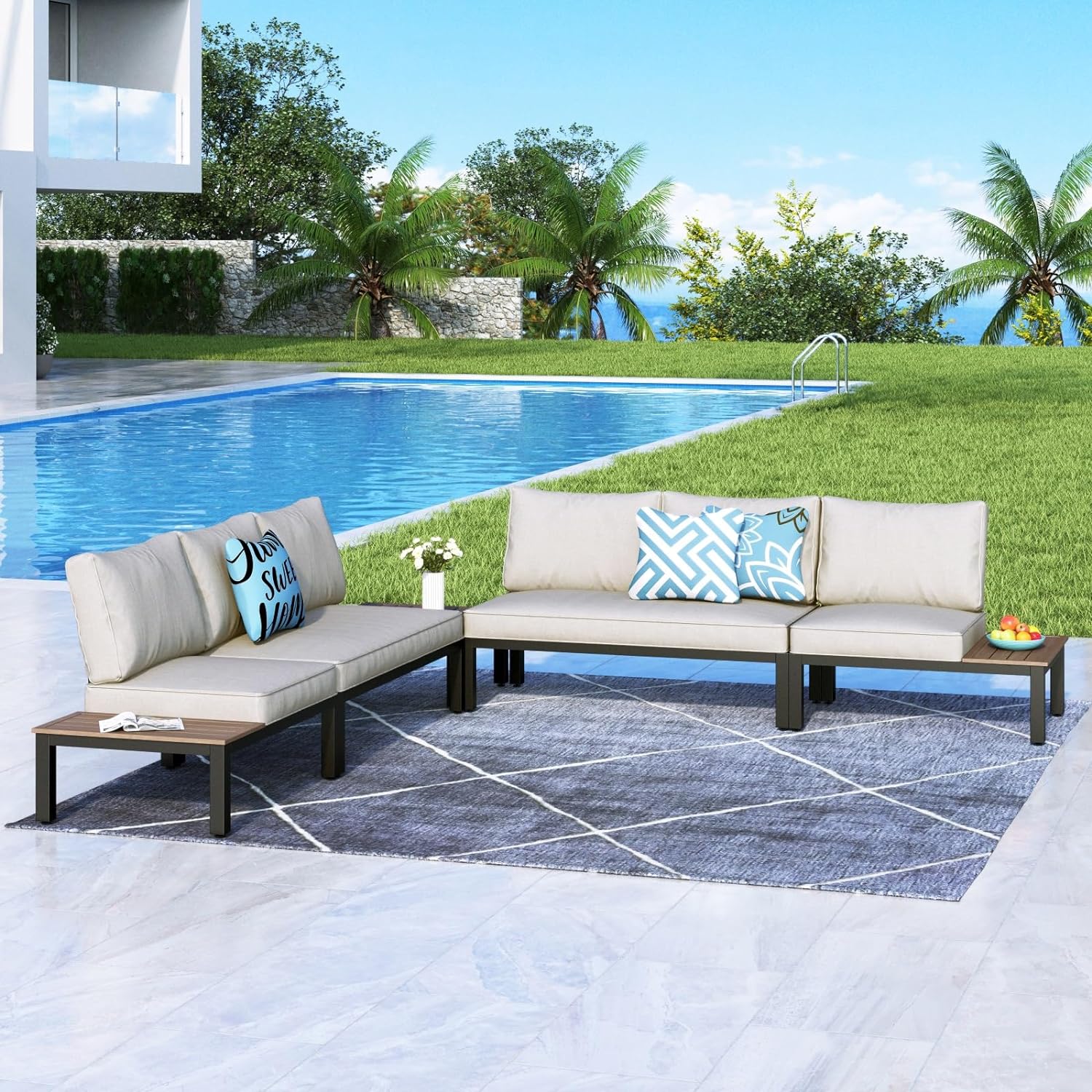 MFSTUDIO 5 Pieces Patio Furniture Set,Outdoor Metal Frame Sectional Sofa Conversation Set with Coffee Table&Removable Cushion for Backyard,Garden,Poolside 