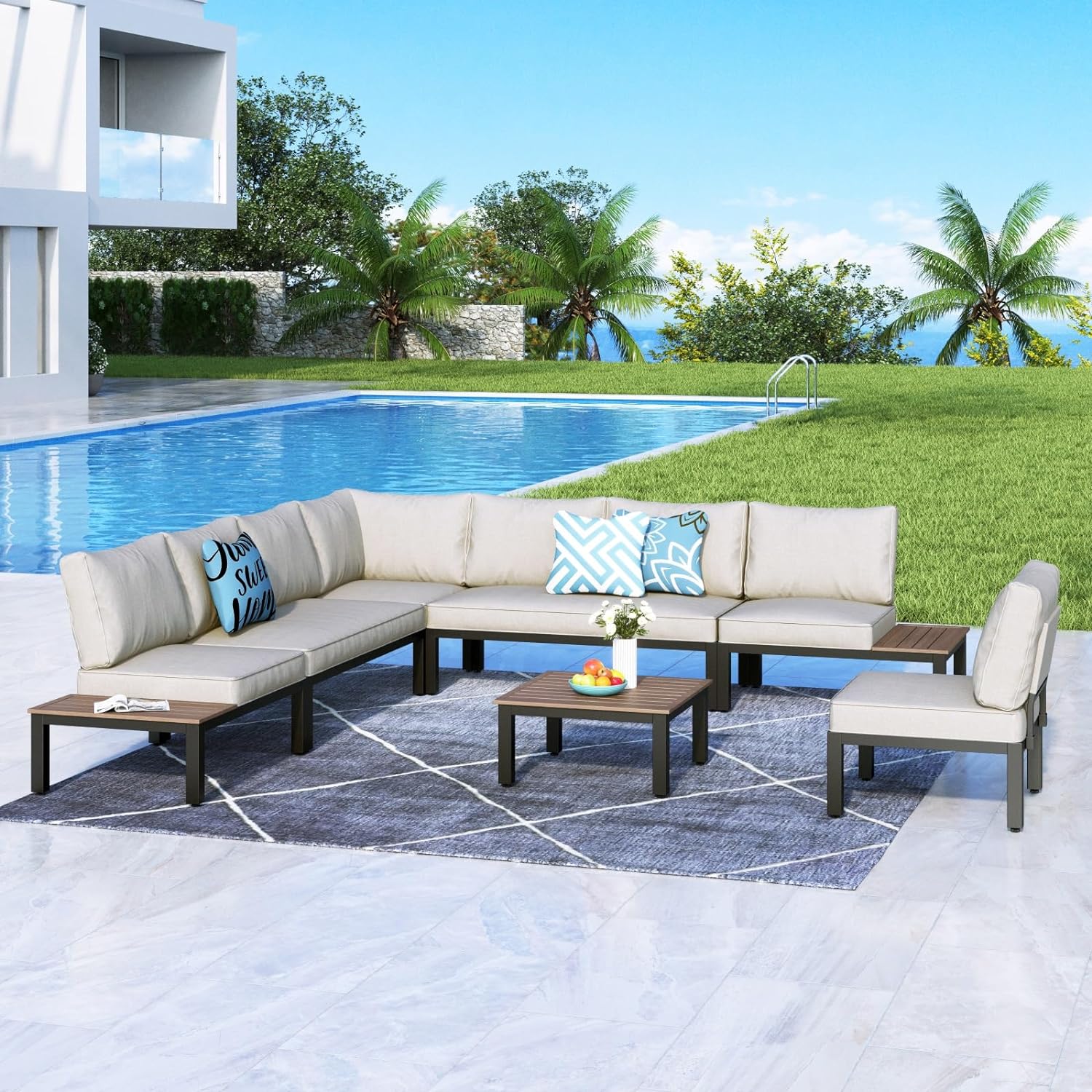 MFSTUDIO 7 Pieces Patio Furniture Set,Outdoor Metal Frame Sectional Sofa Conversation Set with Coffee Table&Removable Cushion for Backyard,Garden,Poolside 