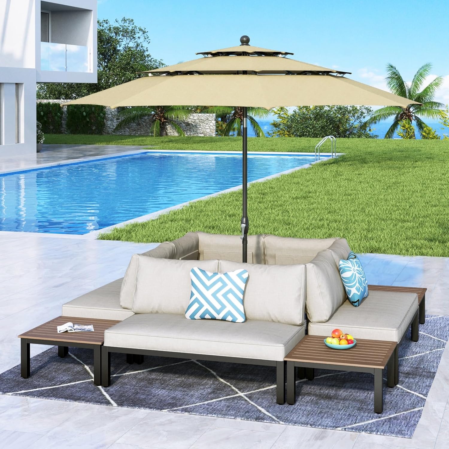 MFSTUDIO 9 Pieces Patio Furniture Set,Outdoor Metal Frame Sectional Sofa Conversation Set with Coffee Tables&10 Umbrella for Backyard,Garden,Poolside