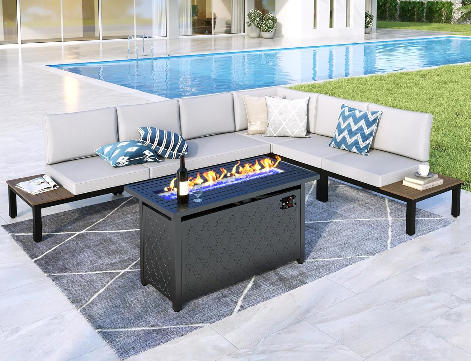 MFSTUDIO 6 Pieces Patio Furniture Set with 45 Gas Fire Pit Table,Outdoor Metal Frame Sectional Sofa Conversation Set with Coffee Table for Backyard,Garden,Poolside