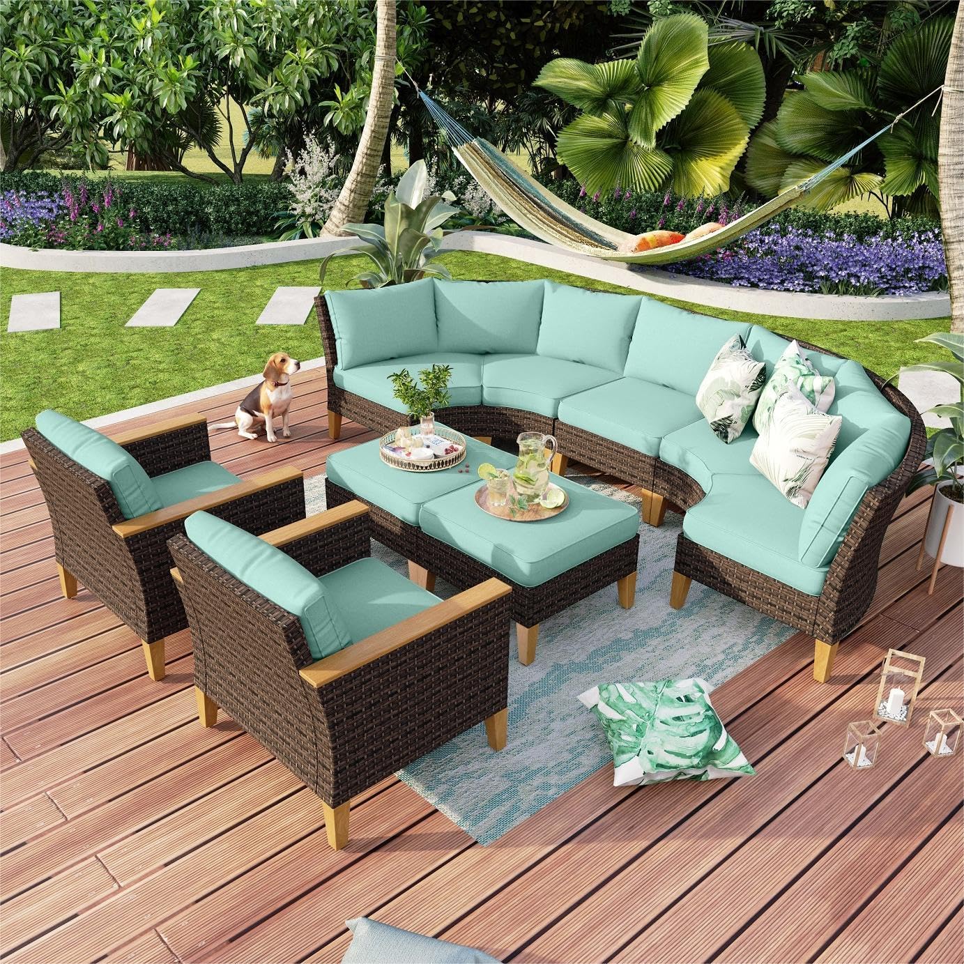 MFSTUDIO 9 Pieces Wicker Patio Furniture Set, Rattan Outdoor Half-Moon Curved Sectional Sofa Set for Backyard, 4 x Curved Sofa, 1 x Armless Sofa, 2 x Ottoman, 2 x Corner Sofa(Blue Cushions)