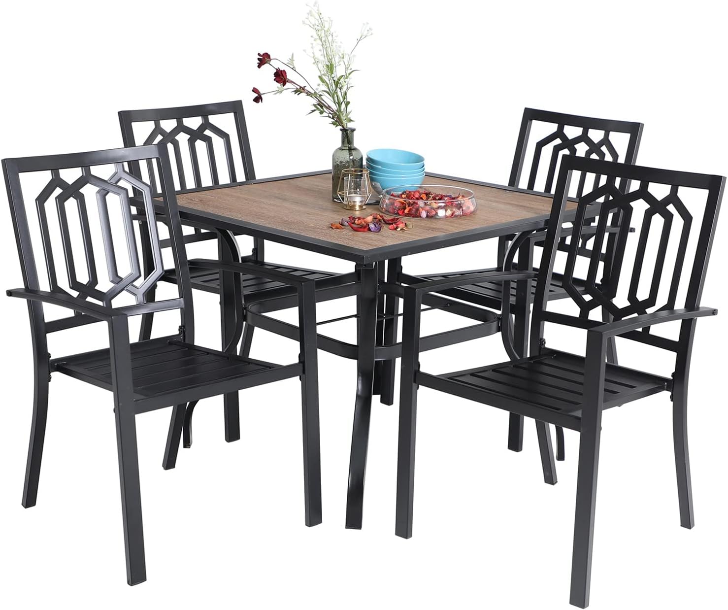 MFSTUDIO Metal Patio Dining Table Set for 5,4 Metal Dining Chairs and 1 37 Larger Square Table Furniture Set, Steel Frame