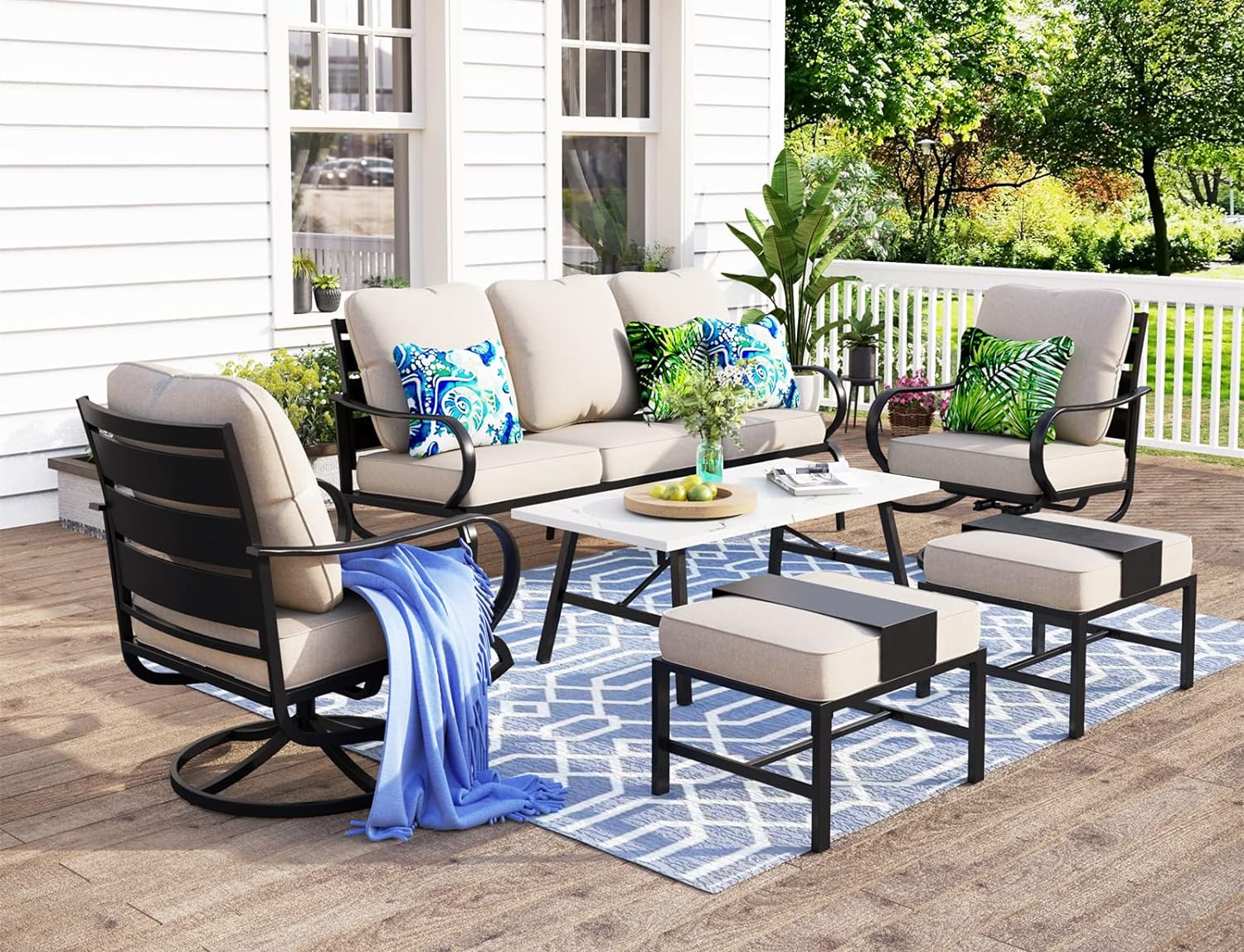 MFSTUDIO 6 Pieces Patio Conversation Sets(7 Seat),Outdoor Metal Furniture Sofas with 1 x 3-Seat Sofa,2 Swivel Chairs,2 Ottoman and & 1 Coffee Table,Wrought Iron Frame with Beige Cushion