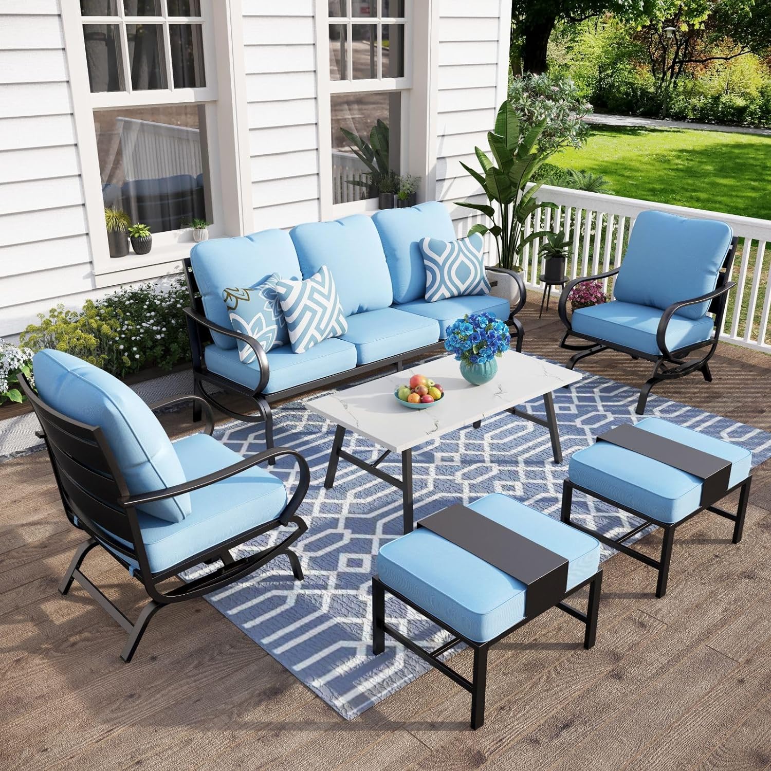 MFSTUDIO 6 Pieces Patio Conversation Sets(7 Seat),Outdoor Metal Furniture Sofas with 1 x 3-Seat Sofa,2 Rocking Chairs,2 Ottoman and & 1 Coffee Table,Wrought Iron Frame with Blue Cushion