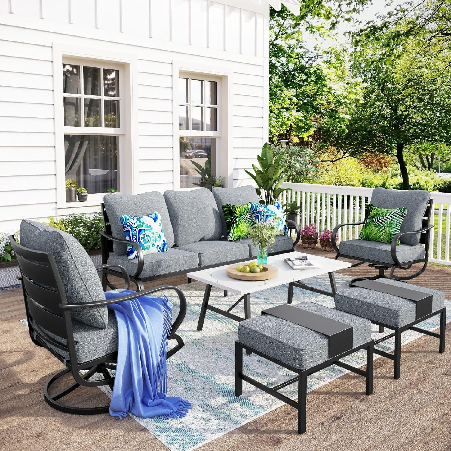 MFSTUDIO 6 Pieces Patio Conversation Sets(7 Seat),Outdoor Metal Furniture Sofas with 1 x 3-Seat Sofa,2 Swivel Chairs,2 Ottoman and & 1 Coffee Table,Wrought Iron Frame with Grey Cushion