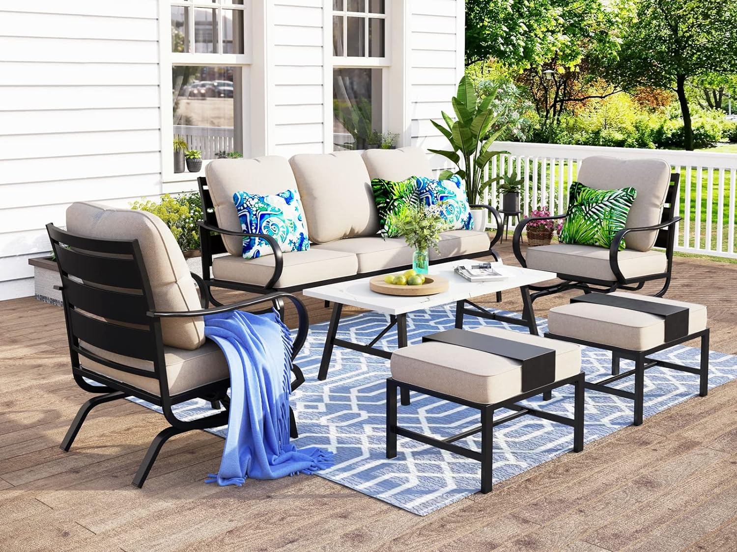 MFSTUDIO 6 Pieces Patio Conversation Sets(7 Seat),Outdoor Metal Furniture Sofas with 1 x 3-Seat Sofa,2 Rocking Chairs,2 Ottoman and & 1 Coffee Table,Wrought Iron Frame with Beige Cushion