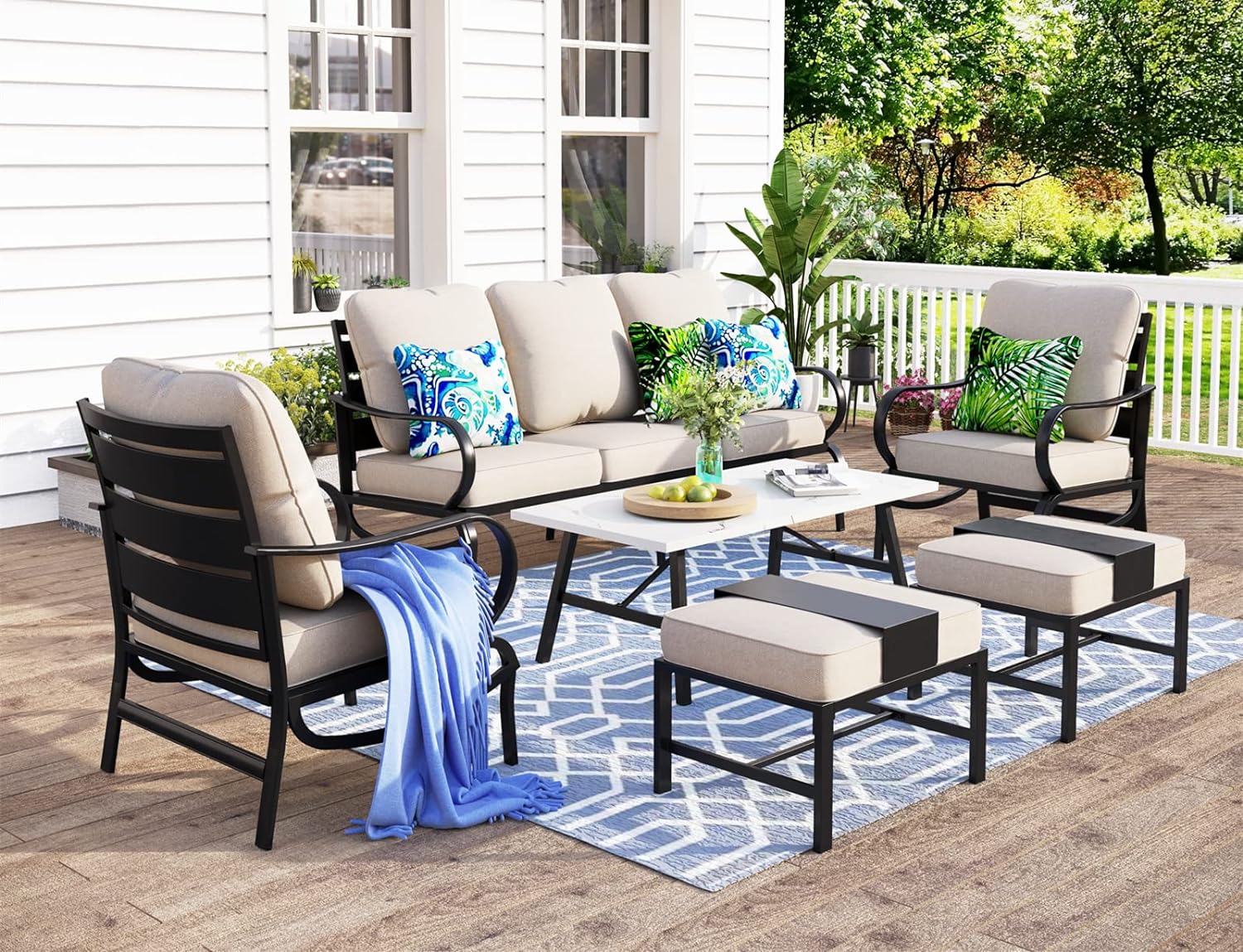 MFSTUDIO 6 Pieces Patio Conversation Sets(7 Seat),Outdoor Metal Furniture Sofas with 1 x 3-Seat Sofa, 2 Single Chairs,2 Ottoman and & 1 Coffee Table,Wrought Iron Frame with Beige Cushion