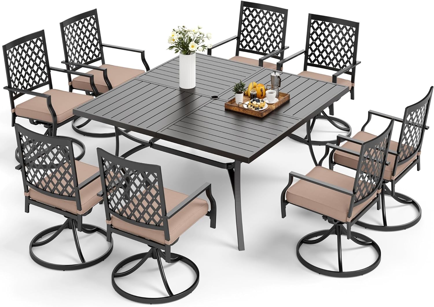 MFSTUDIO 9 PCS Patio Dining Set with Large Square Metal Slat Dining Table and 8 Swivel Metal Chair with Cushion, All Weather Outdoor Furniture for Lawn Backyard Garden