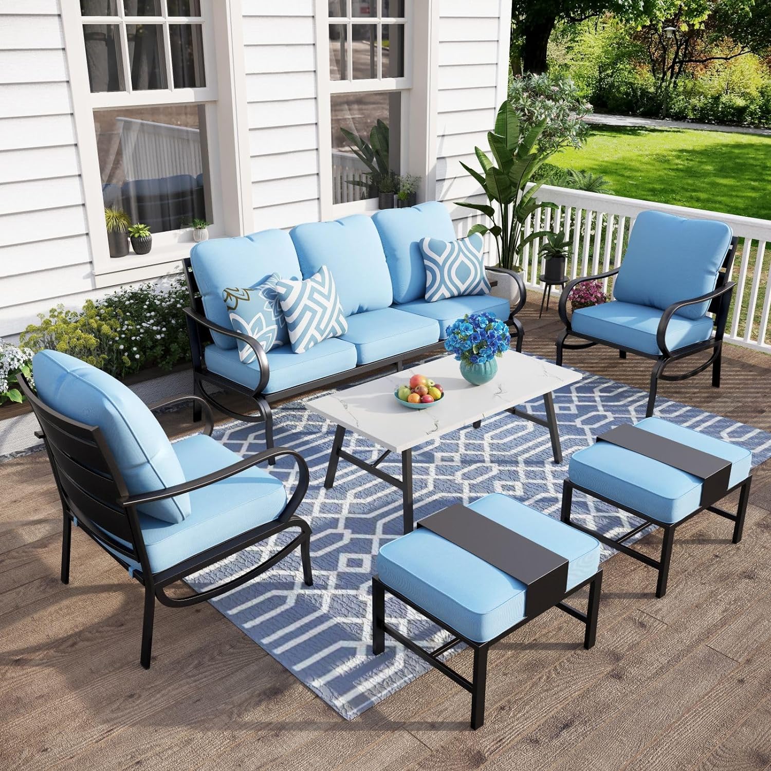 MFSTUDIO 6 Pieces Patio Conversation Sets(7 Seat),Outdoor Metal Furniture Sofas with 1 x 3-Seat Sofa, 2 Single Chairs,2 Ottoman and & 1 Coffee Table,Wrought Iron Frame with Blue Cushion
