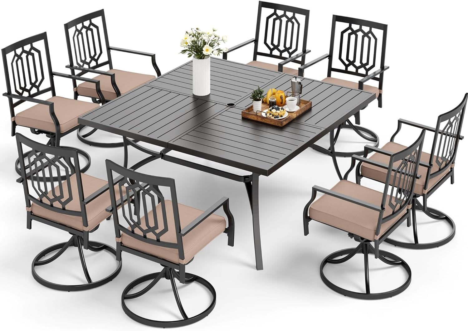 MFSTUDIO Patio Dining Set of 9 with Large Square Metal Slat Dining Table and 8 Swivel Metal Chair with Cushion, All Weather Outdoor Furniture for Lawn Backyard Garden