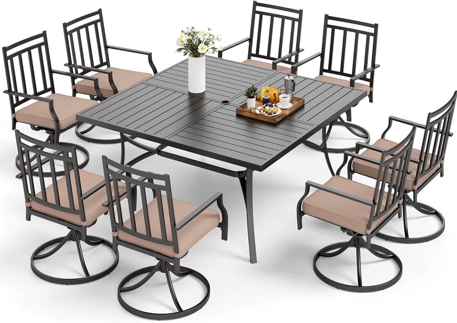 MFSTUDIO Patio Dining Set of 9 with Large Square Metal Slat Dining Table and 8 Swivel Metal Chair with Cushion, All Weather Outdoor Furniture, Black