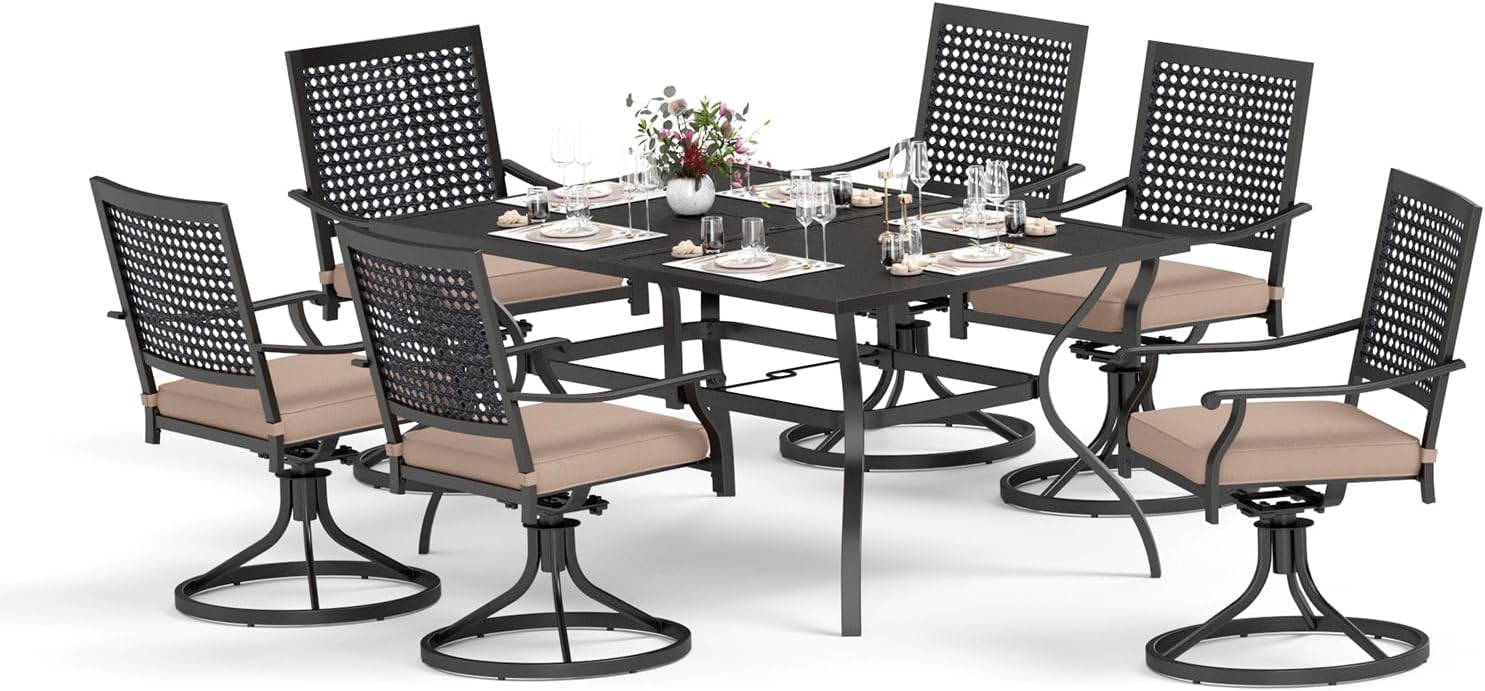 MFSTUDIO 7 Pieces Patio Dining Sets with 1 Large Rectangular Metal Table with Umbrella Hole and 6 Swivel Chairs (Cushion Included), Outdoor Furniture for 6, Black
