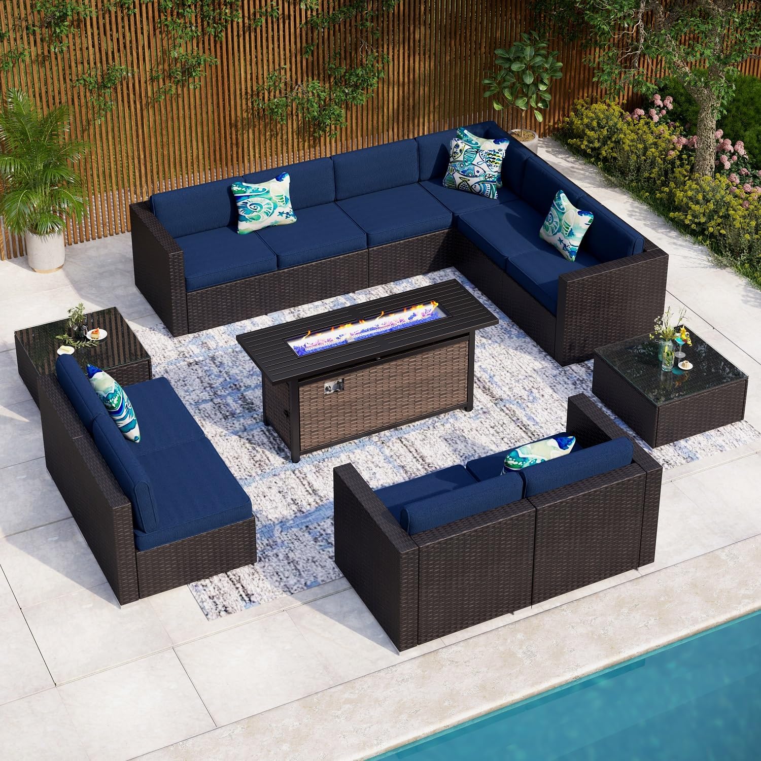 MFSTUDIO 13 Pieces Patio Furniture Set with 56 Plate Embossing Propane Gas Fire Table, Outdoor Wicker PE Rattan Sectional Sofa Conversation Set with Blue Cushions & Glass Table
