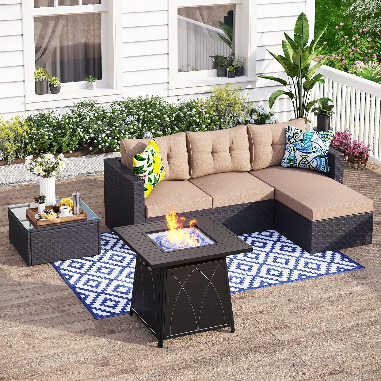 MFSTUDIO 4 Pieces Patio Furniture Set with Fire Pit Table, Outdoor Sectional Wicker Patio Sofa Sets, 28 50000BTU Propane Fire Pit Patio Conversation Set with Glass Coffee Table & Rattan Couch-Beige
