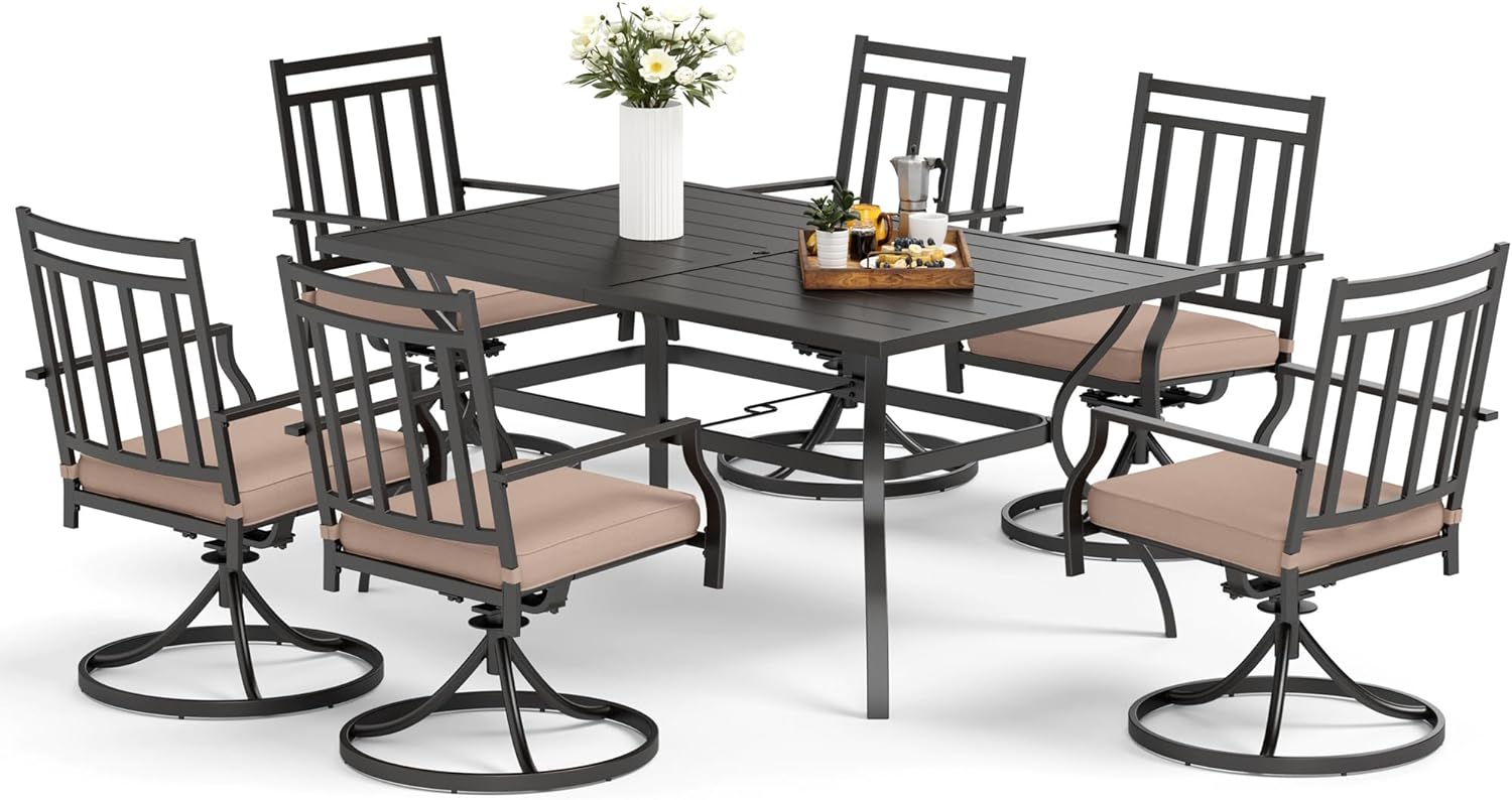 MFSTUDIO 7 Pieces Patio Swivel Set Outdoor Metal Steel Furniture with 6 Dinning Chairs and Steel Frame Slat Larger Rectangular Table with 1.57 Umbrella Hole,Black