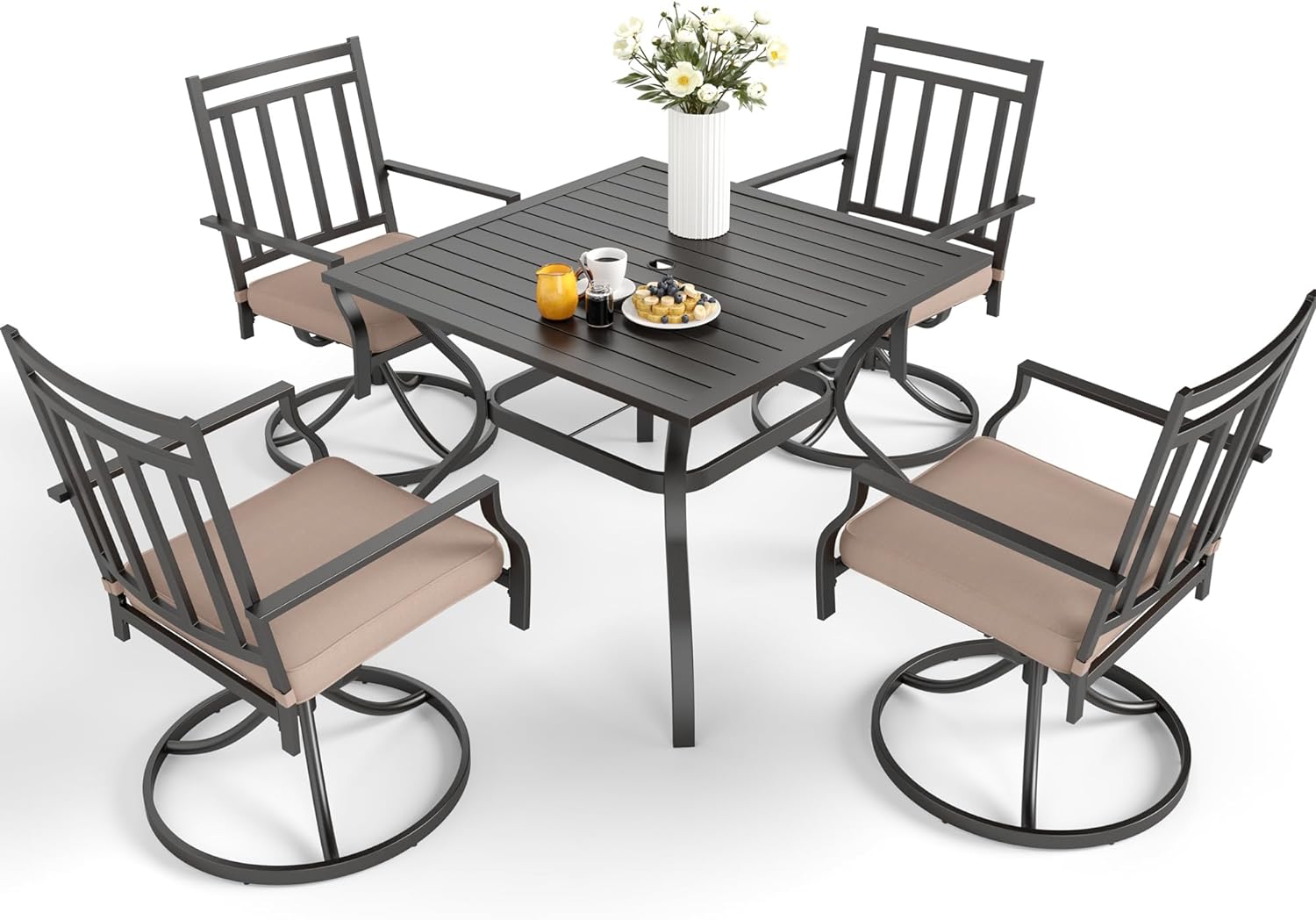 MFSTUDIO 5-Pieces Metal Outdoor Patio Furniture Dining Set, 4 Metal Swivel Chairs and Square Dining Table with Umbrella Hole, Black