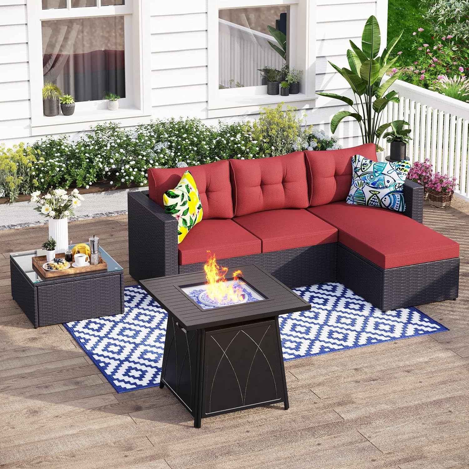 MFSTUDIO 4 Pieces Patio Furniture Set with Fire Pit Table, Outdoor Sectional Wicker Patio Sofa Sets, 28 50000BTU Propane Fire Pit Patio Conversation Set with Glass Coffee Table & Rattan Couch-Red