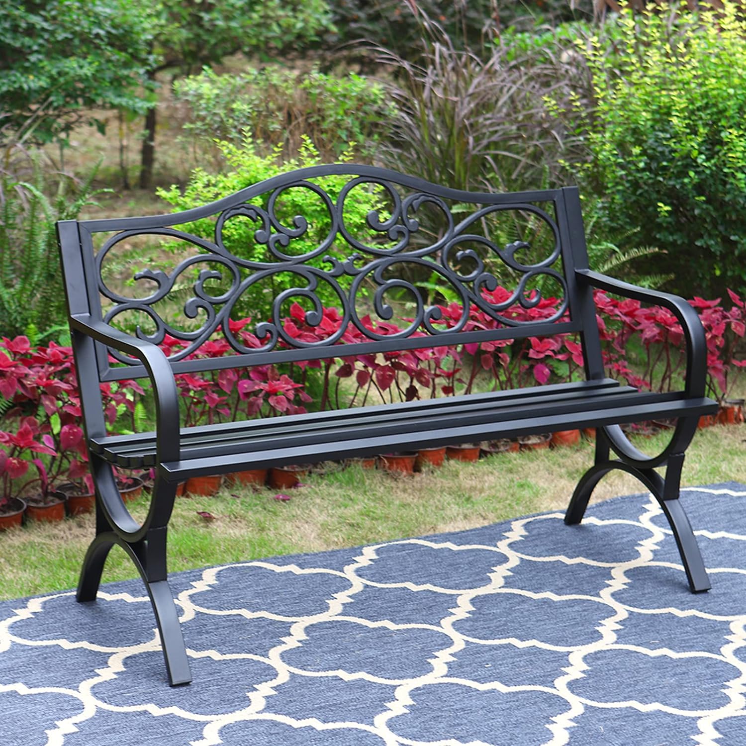 MFSTUDIO 50 Inches Outdoor Garden Bench,Cast Iron Metal Frame Patio Park Bench with Floral Pattern Backrest,Arch Legs for Porch,Lawn,Garden,YardBlack