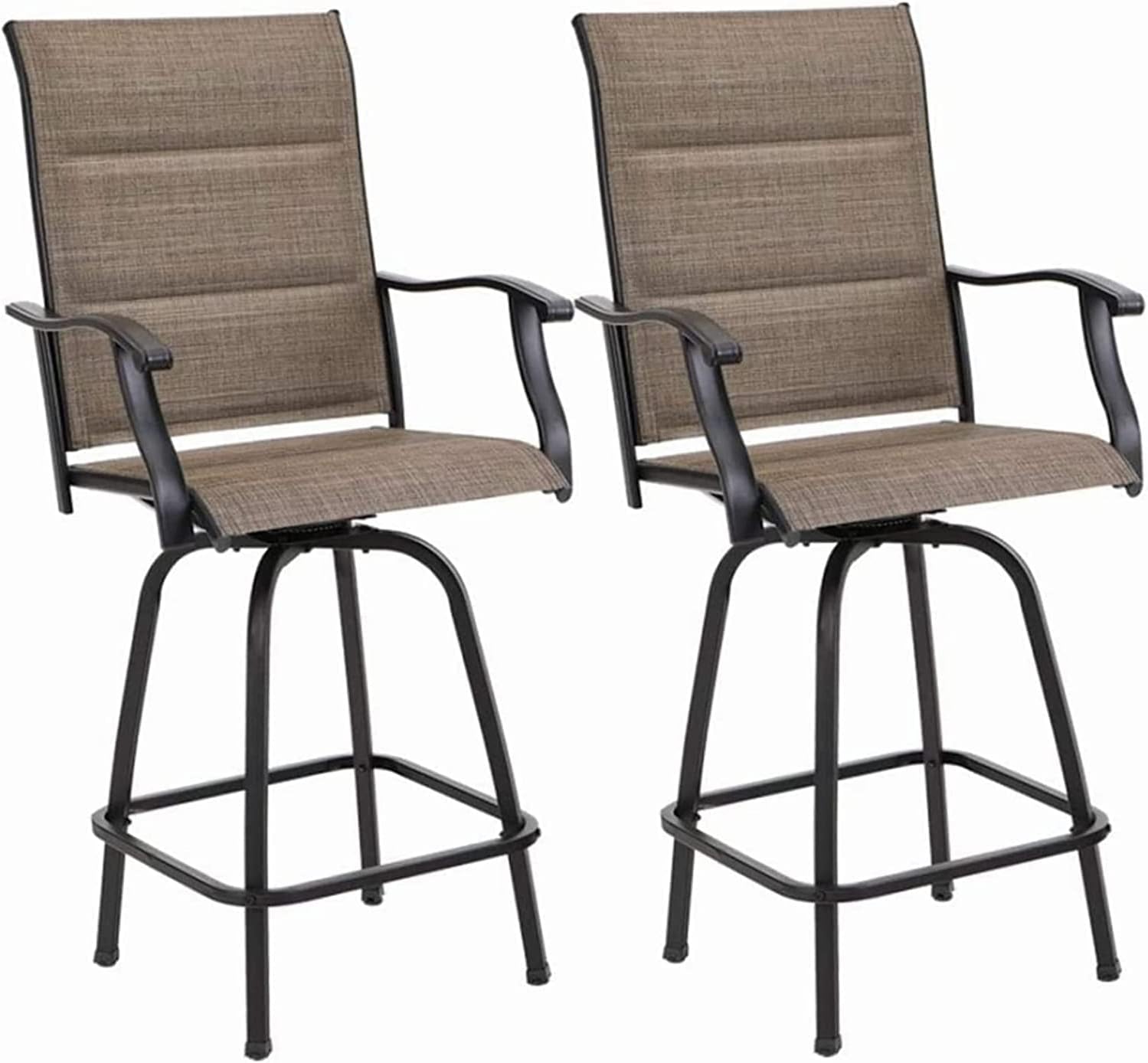 MFSTUDIO Padded 2 PCS Outdoor Swivel Bar Stools, Patio Bar Height Heavy Duty Sling Chairs, Steel Frame All-Weather Resistant, Brown