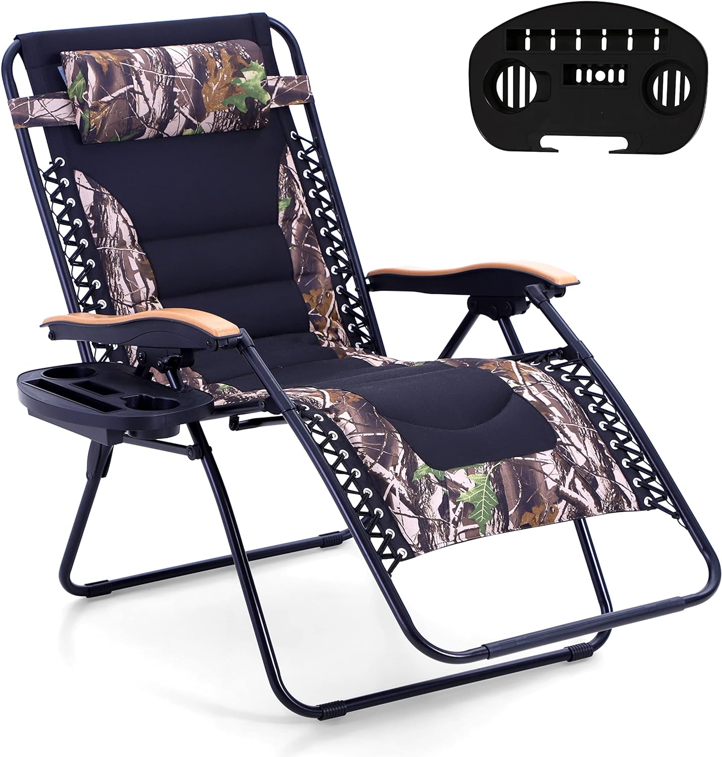 MFSTUDIO Zero Gravity Chairs, Oversized Patio Recliner Chair, Padded Folding Lawn Chair with Cup Holder Tray, Support 400lbs, Camouflage