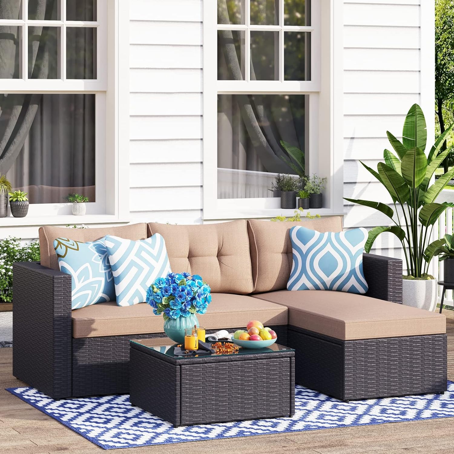 PHI VILLA Patio Sofa Set,3 Pieces All-Weather Upgrade Wicker Outdoor Sectional Sofa,L-Shaped Small Patio Conversation Furniture Set with Cushion and Coffee Table(Beige)