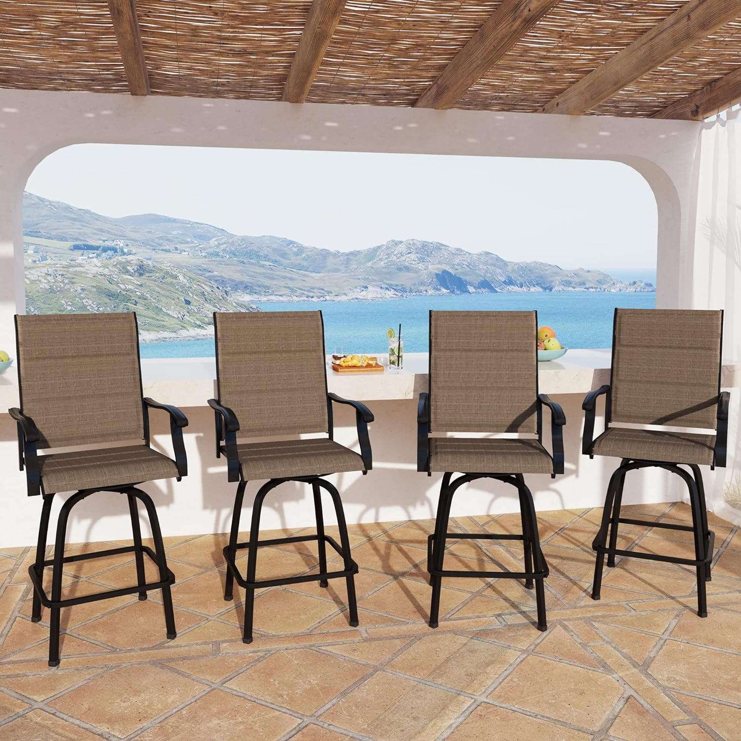 MFSTUDIO Outdoor Padded Swivel Bar Stools Set of 4, Patio Bar Height Padded Sling Chairs, Steel Frame All-Weather Resistant