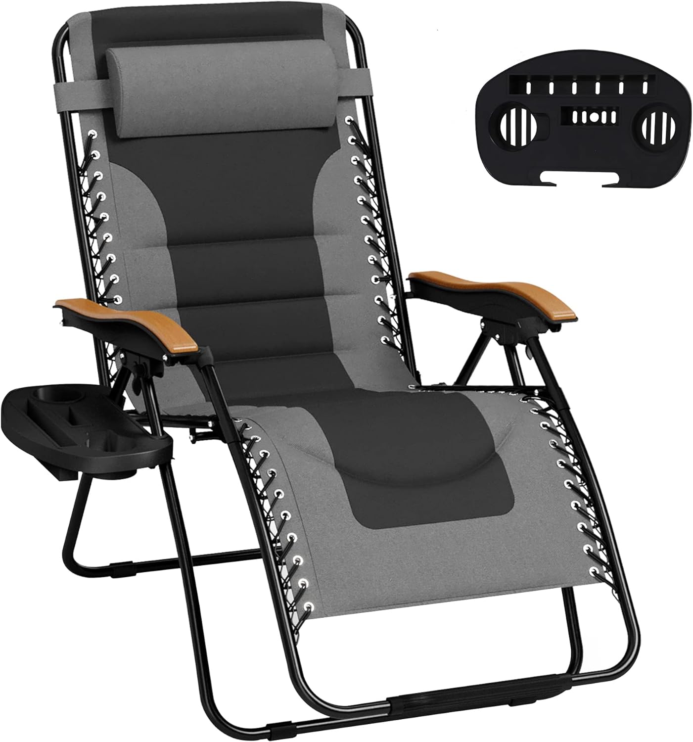 MFSTUDIO Zero Gravity Chairs, Oversized Patio Recliner Chair, Padded Folding Lawn Chair with Cup Holder Tray, Support 400lbs, Grey