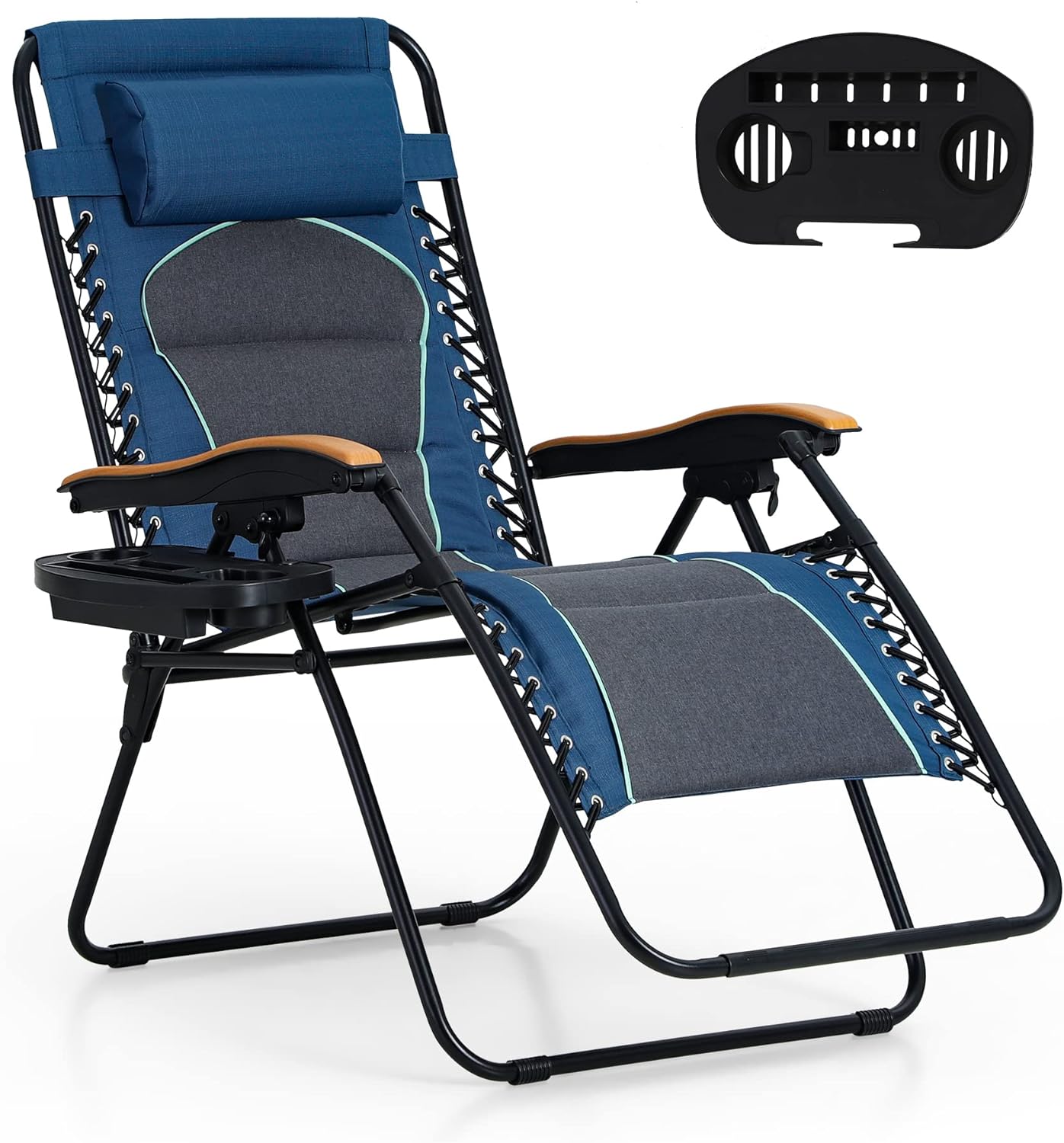 MFSTUDIO Zero Gravity Chairs, Oversized Patio Recliner Chair, Padded Folding Lawn Chair with Cup Holder Tray, Support 400lbs, Blue