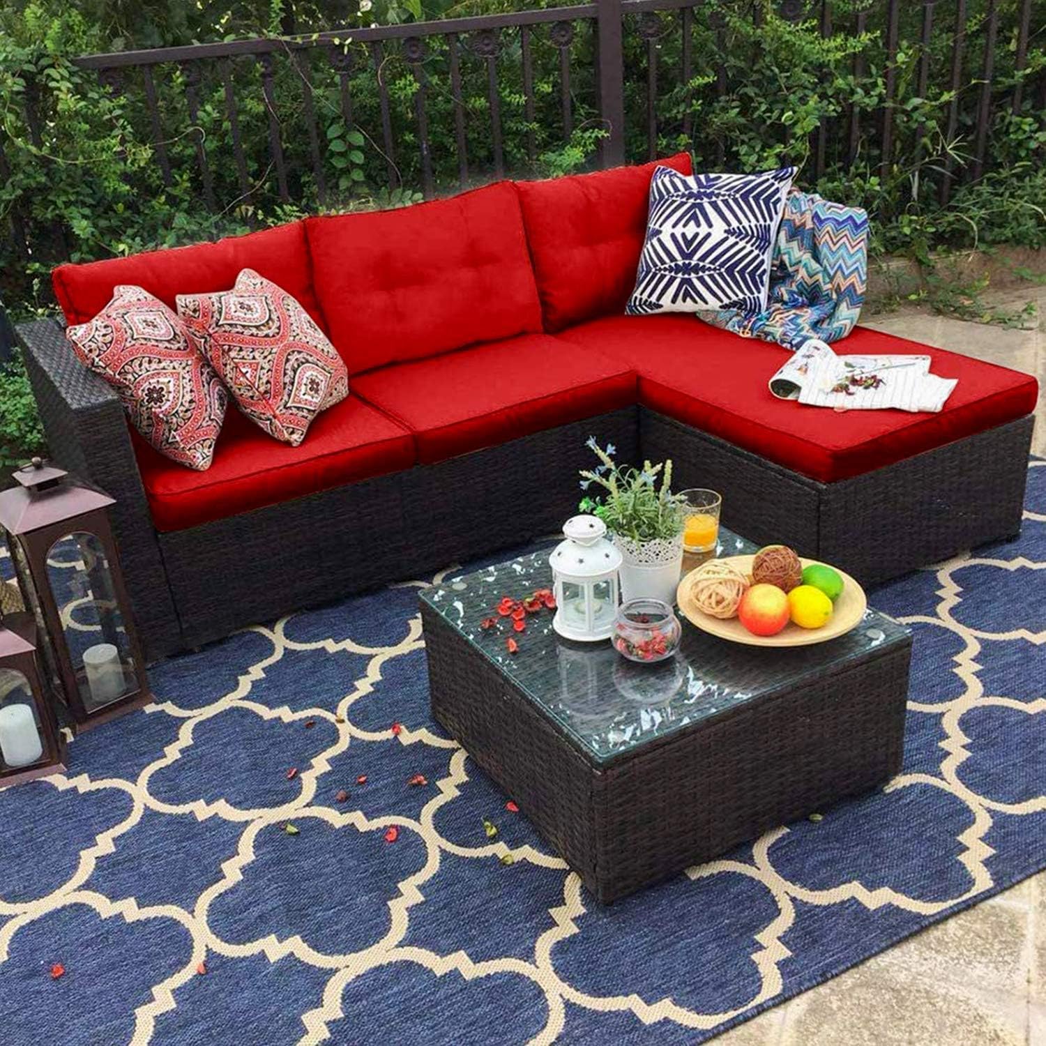 PHI VILLA Patio Sofa Set,3 Pieces All-Weather Upgrade Wicker Outdoor Sectional Sofa,L-Shaped Small Patio Conversation Furniture Set with Cushion and Coffee Table(Red)